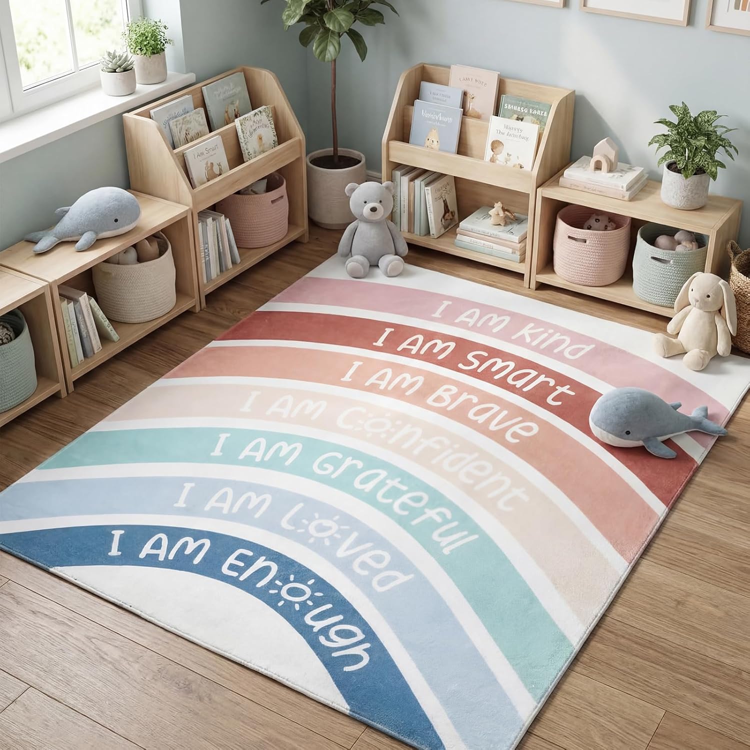 3.3 x 4 ft Boho Rainbow Classroom Rug Calming Corner Items Calm Down Reading Corner Emotion Soft Fluffy Mental Health Rug Anti-Skid Floor Mat for School Living Bedroom Playroom