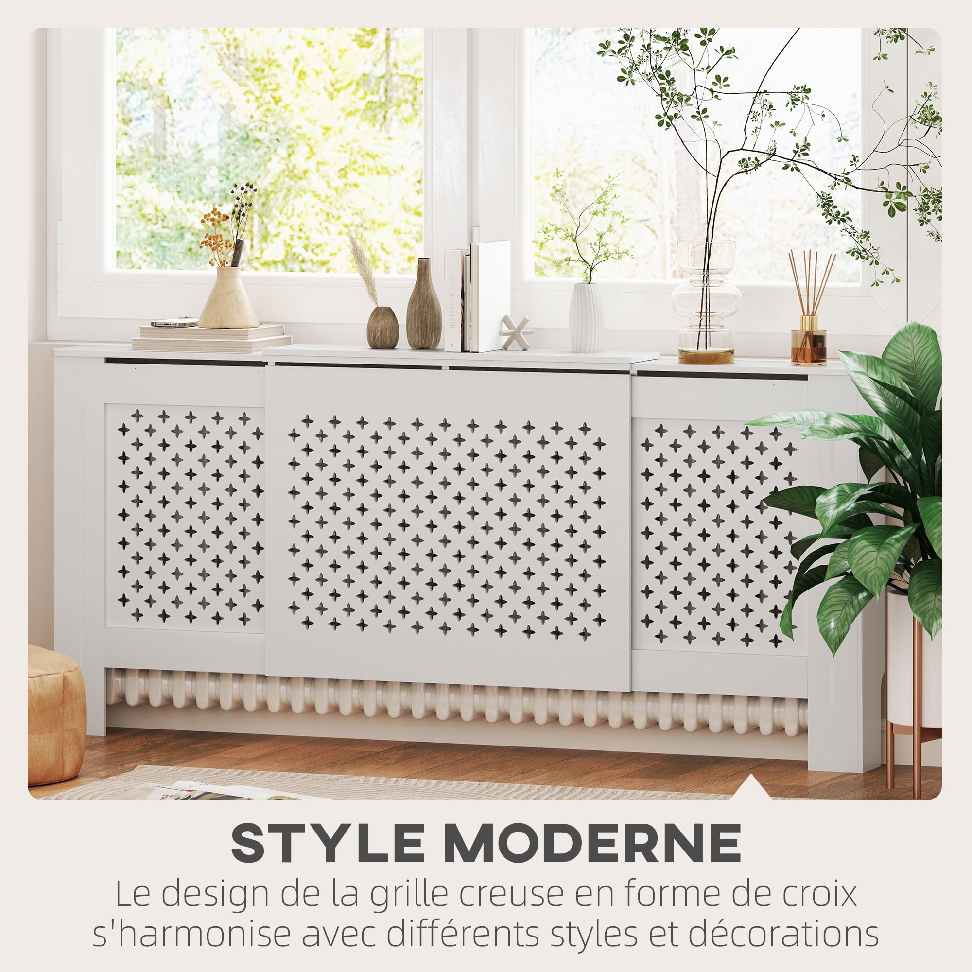 HOMCOM Copriradiatore regolabile contemporaneo a nido d'ape 136-200 x 21,5 x 91,7 cm Copriradiatore in legno per camera da letto, soggiorno - bianco