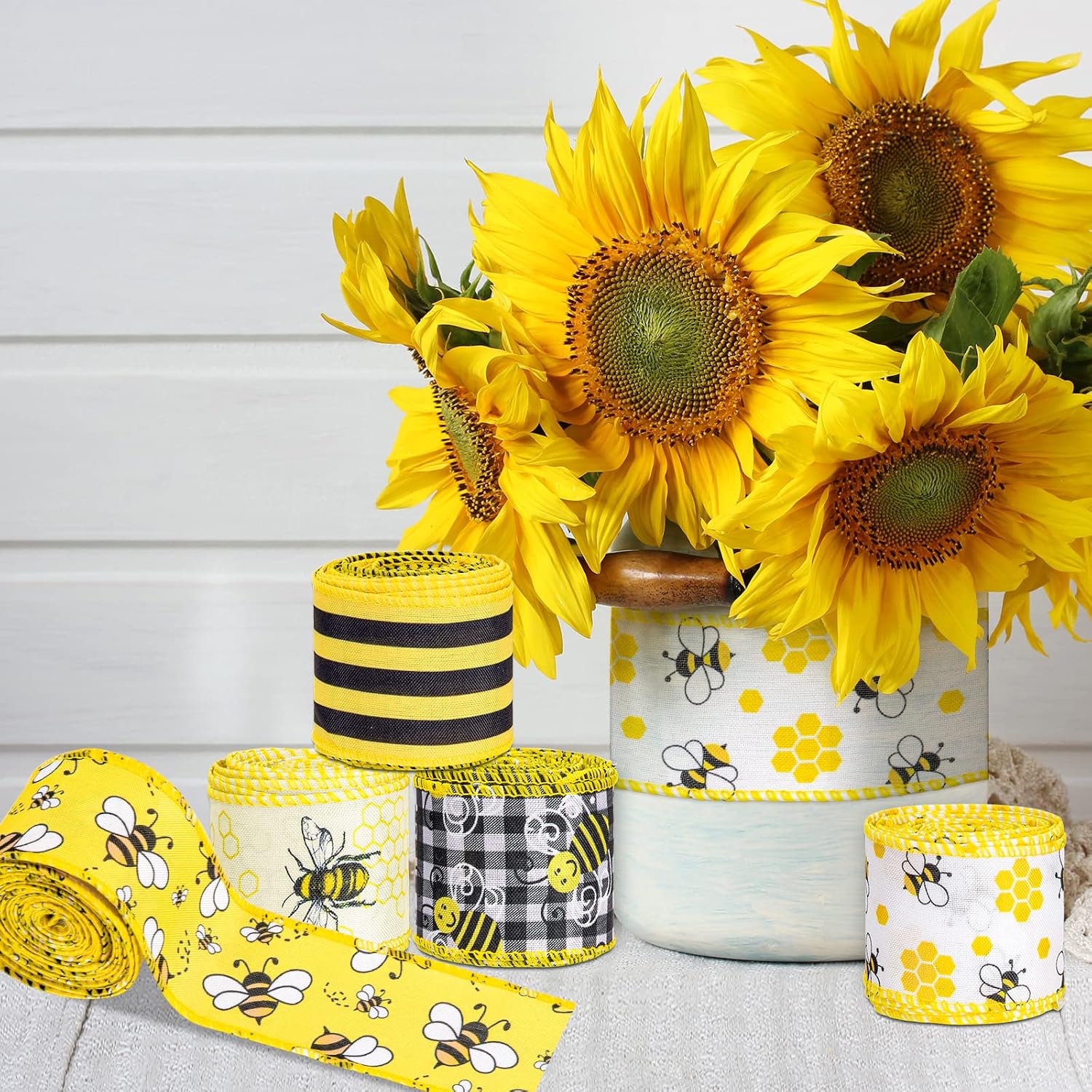 Whaline Bee Wired Edge Ribbon 30 Yards 2 Inch World Bee Day Fabric Ribbons 5 Design Spring Summer Honeybee Fabric Craft Decorative Ribbon for Gift Wrapping Birthday Party Decor Hair Bow Sewing