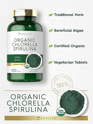 Miniatura 4 de Carlyle Tabletas orgánicas de Chlorella Spirulina  1300 unidades  Mezcla 5050  Sin OMG y sin gluten