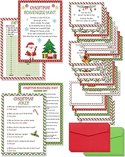 Sinasasspel Christmas Scavenger Hunt Clues Card Game Indoor Holiday Treasure Hunt Game Cards (24 Cards with Envelopes) Birthday Activities Christmas Party Supplies