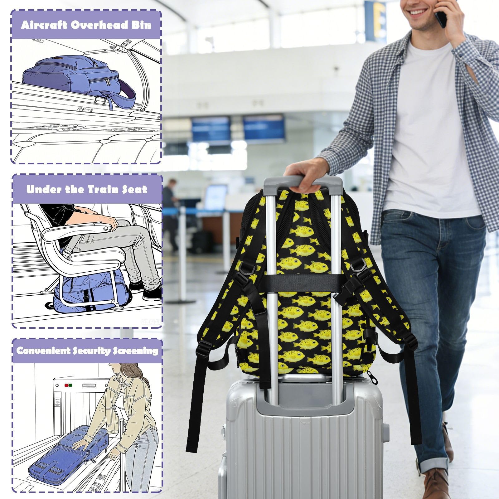 Damski plecak osobisty torba podróżna do samolotów 20 l | Wodoodporna lekka torba na laptopa groszek puffers ryba żółta czarna 15,6 torba na laptopa do szkoły bolso para viaje 20 l