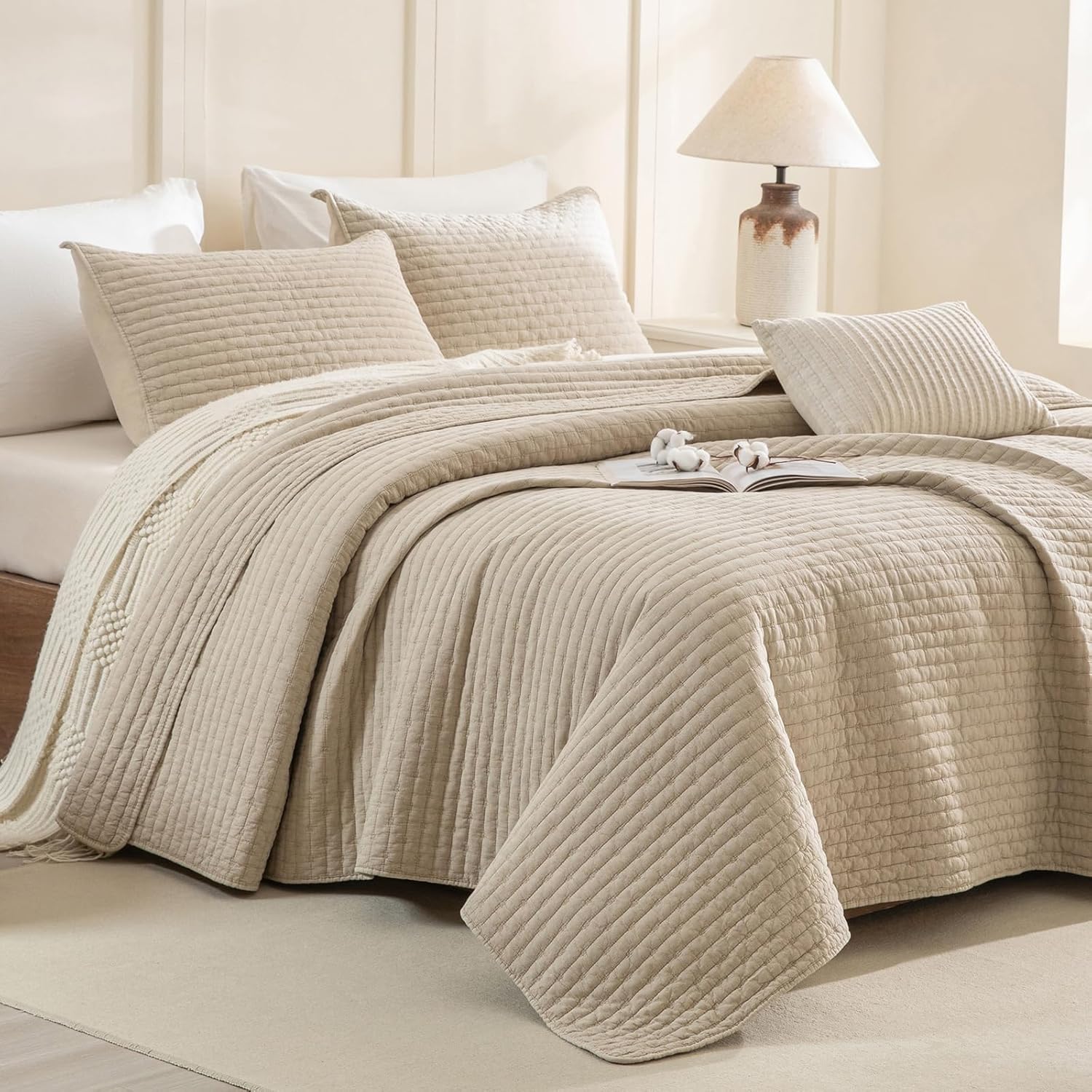 CozyTide Oversized King Quilt 120x120,Stone-Washed Cotton Wheat Oversized King Bedspread,3 Pieces Lightweight Ultra Soft California King Coverlet Set for All Season