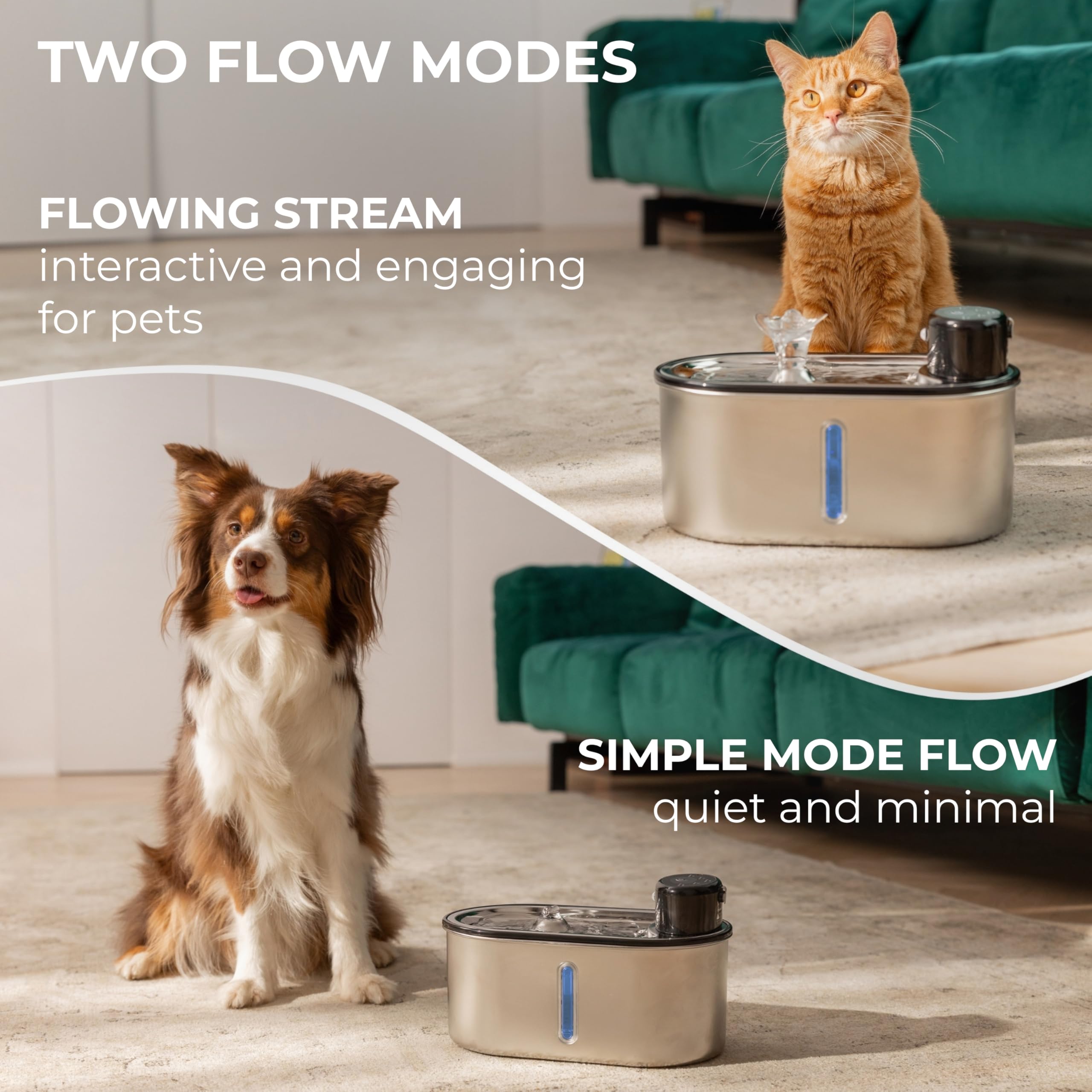 Wireless Cat Water Fountain Stainless Steel 108oz/3.2L, Cordless, Battery Operated Cat Fountain (Last up to 50 Days), Ultra Quiet, 2 Flow Modes, Multi-Filtration, BPA Free, Includes 2 Filters - White - image 6