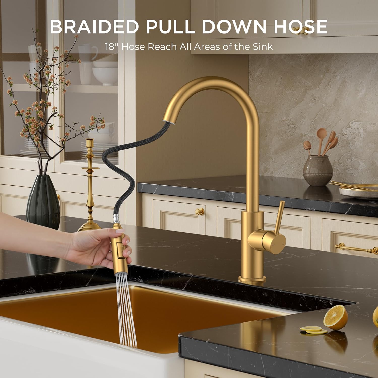 FORIOUS Gold Kitchen Faucet with Pull Down Sprayer, Brushed Brass High Arc Gooseneck Modern Sink Faucet with CUPC Ceramic Cartridge, Single Handle Stainless Steel and Deck Plate