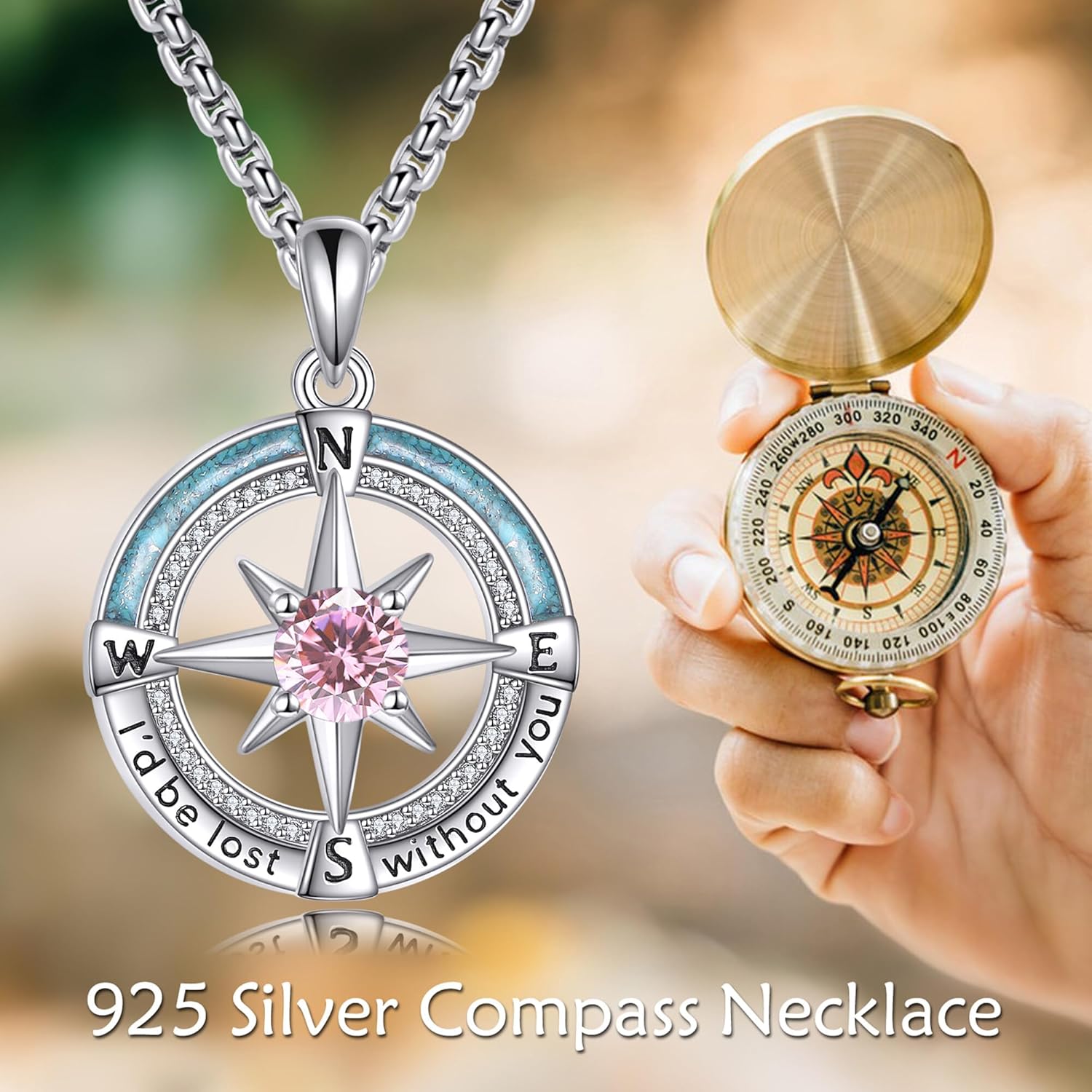 Compass Necklace 925 Sterling Silver Birthstone Necklace Turquoise Compass Pendant Jewelry for Women - Image 6
