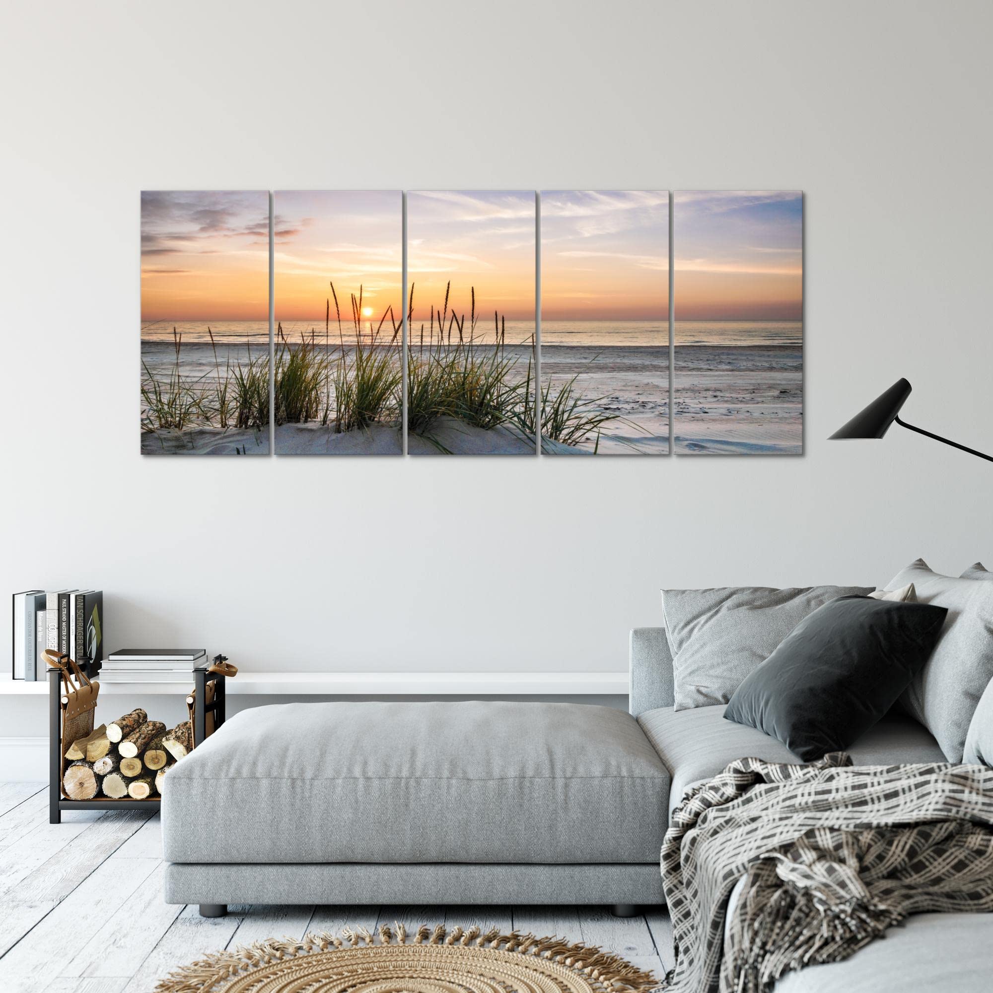 Runa Art Wandbild XXL Strand Sonnenuntergang Wohnzimmer 200 x 80 cm 5 Teilig - Made in Germany - 043755a