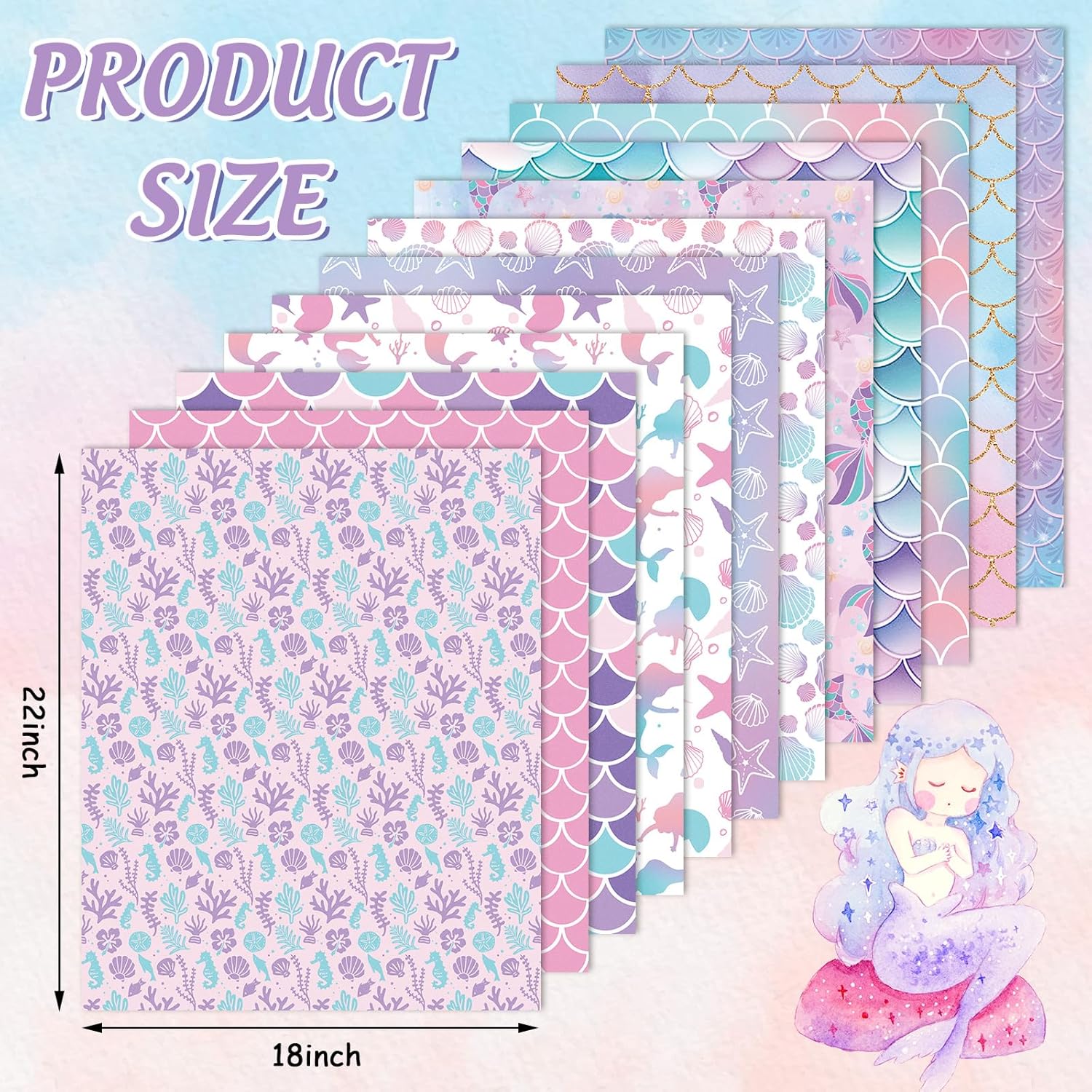 Whaline 12 Pcs Spring Summer Mermaid Cotton Fabric Bundles Colorful Mermaid Scales Fat Quarters Underwater Quilting Patchwork for DIY Handmade Craft Party Decor, 18 x 22 Inch