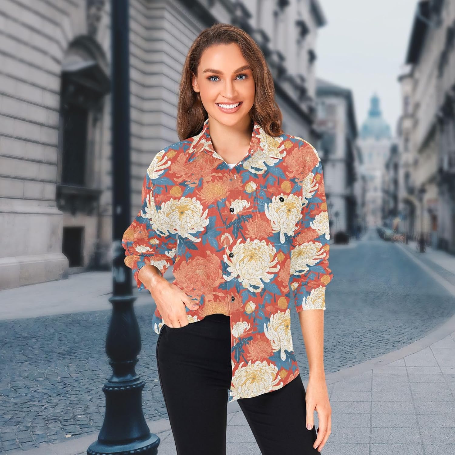 KLL Red Chrysanthemum Mens Womens Regular Fit Rugby Shirts Dating Long Sleeve Blouse