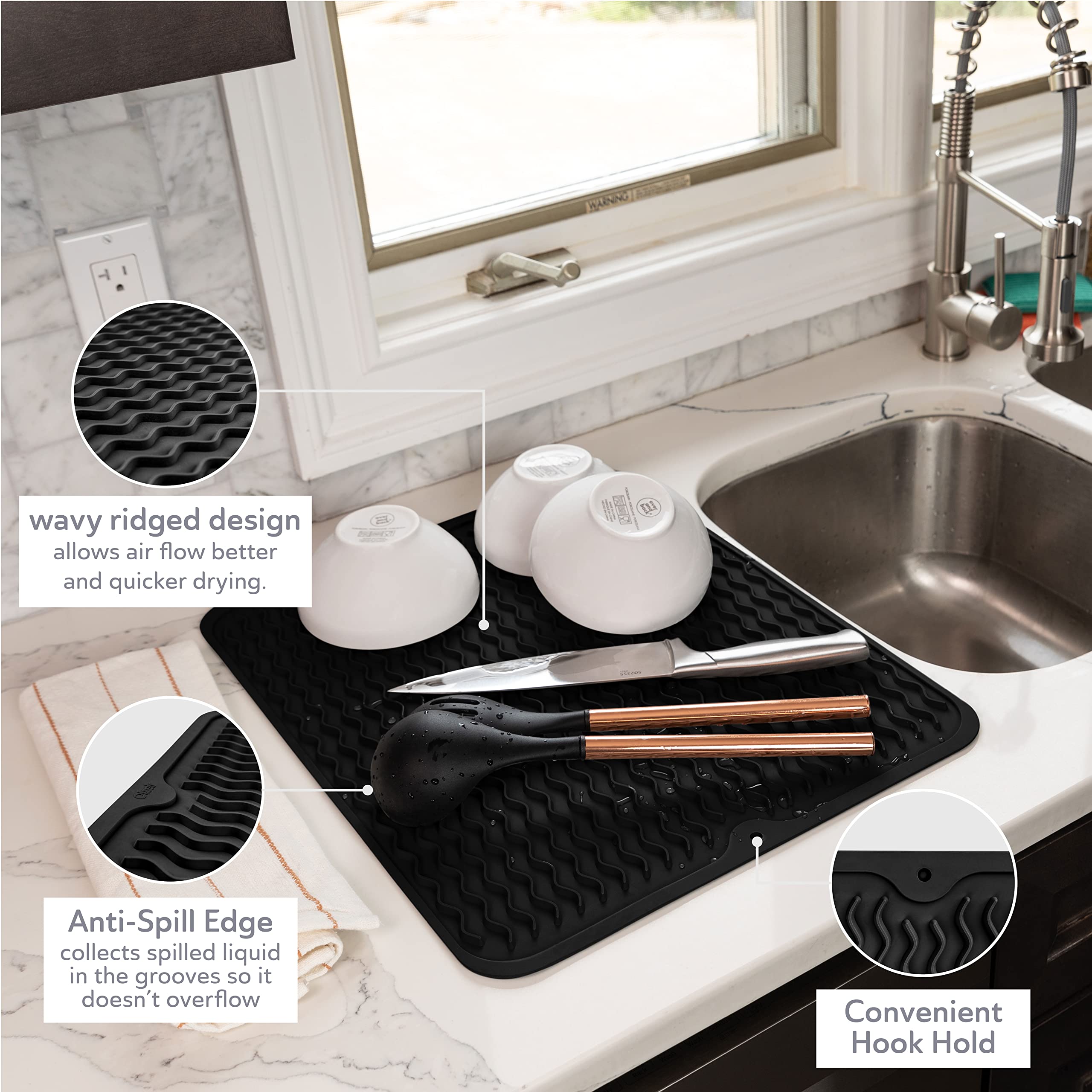 Oizeir Alfombrilla de silicona para secar platos, orificio de drenaje, antideslizante, resistente al calor, plegable. Ideal para platos, fregadero de cocina, encimera, forro de cajón de refrigerador o