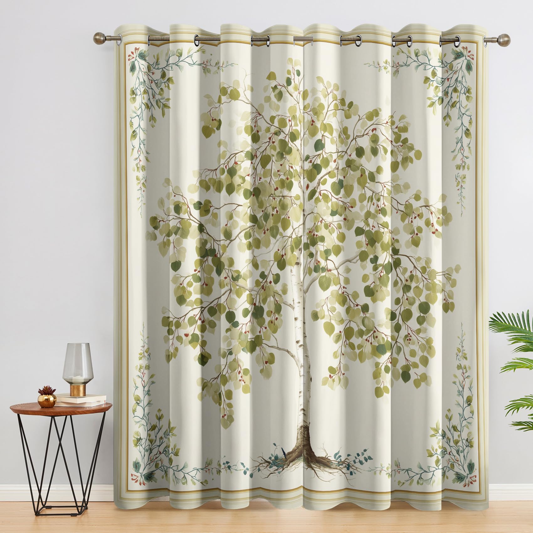 Baum Vorhang Mit ösen Blickdicht, Salbeigrün Blätter Vorhänge Schlafzimmer Wohnzimmer Küche 110 x 215 cm Lang, Übergardinen Innen Verdunklungsvorhänge