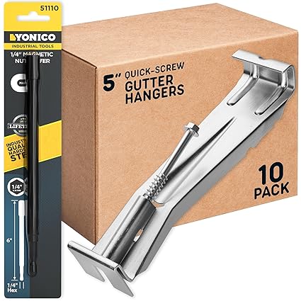 Quick Screw Gutter Hangers 5 Inch- 10 Pack - 5 Inch Gutter Clips with Bonus 6 Inch Drill Bit - Hidden Bracket Clips with Pre-Assembled Screw - Fix Sagging Rain Gutters