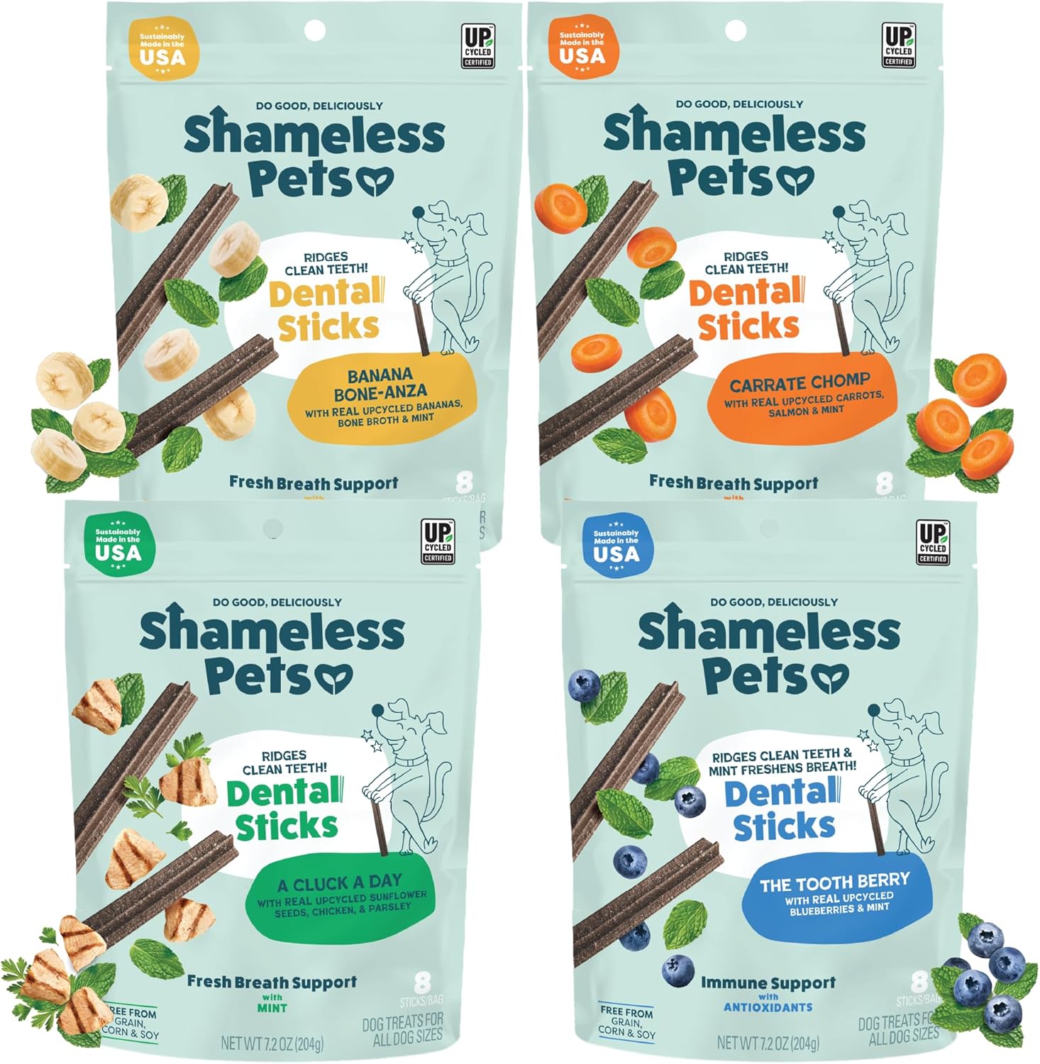 Shameless Pets Dental Treats for Dogs, Variety (4-Pack) - Healthy Chews