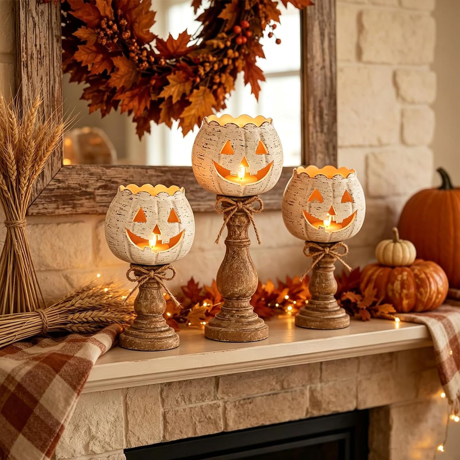 Portavelas Calabaza Halloween 3Pzs, Decoración Otoño y Halloween Rústica