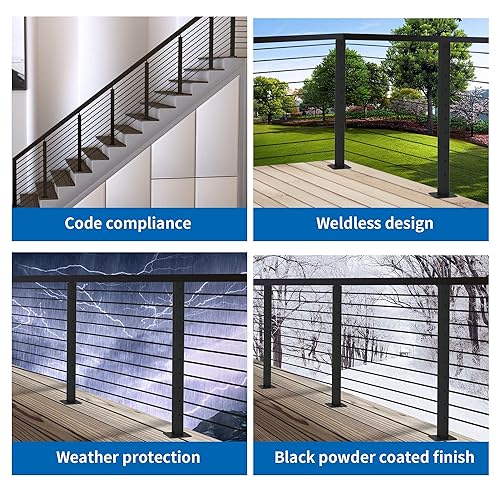 Miniatura 4 de 1 poste de barandilla de cable de 36 x 2 x 2 pulgadas (columna cuadrada de 33 pulgadas), acabado negro de acero inoxidable, para escaleras y