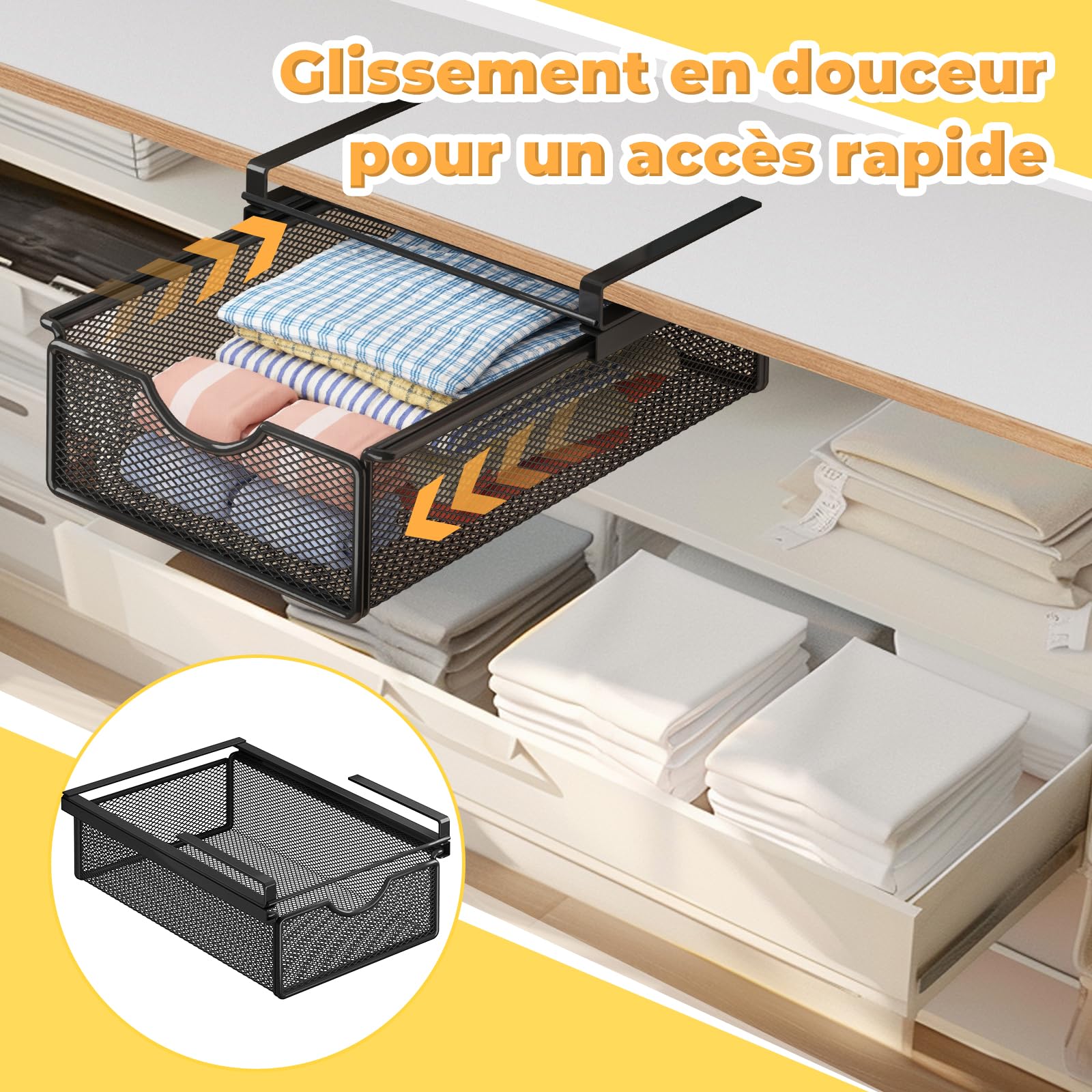 LOVIVER Panier à Tiroir Coulissant Suspendu, Panier de Rangement Coulissant sous Étagère, Organisateur de Rangement sous Armoire, Bureau, Commode, XS