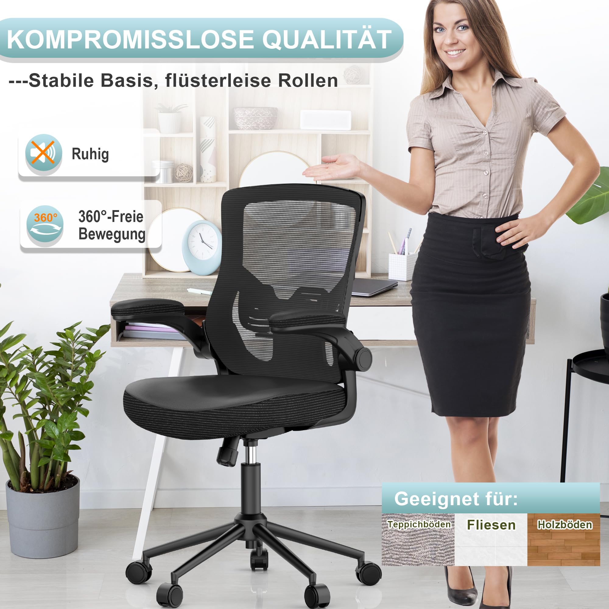 CYKOV Homeoffice Bürostuhl Ergonomisch Klappbare Armlehne Wasserfallsitz | S-Kurve Wirbelsäulenstütze, 4-fach Arretierung 90°-135°, SGS-zertifiziert 150kg Tragkraft, Lendenwirbelstütze verstellbar