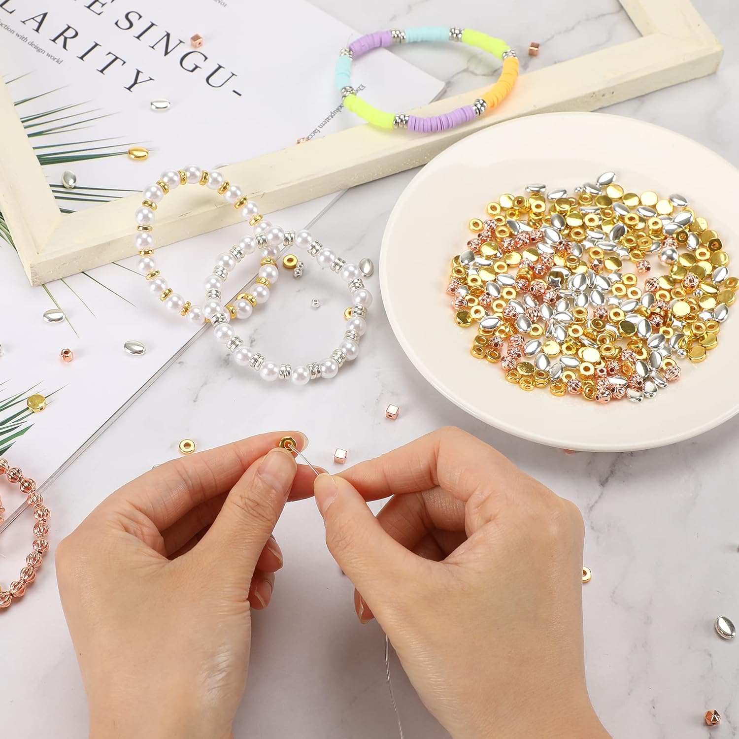 1500Pcs 10 Styles Spacer Beads Assorted Loose Beads for DIY Bracelet Necklace Earring (Gold, Sliver, Rose Gold) - Image 3