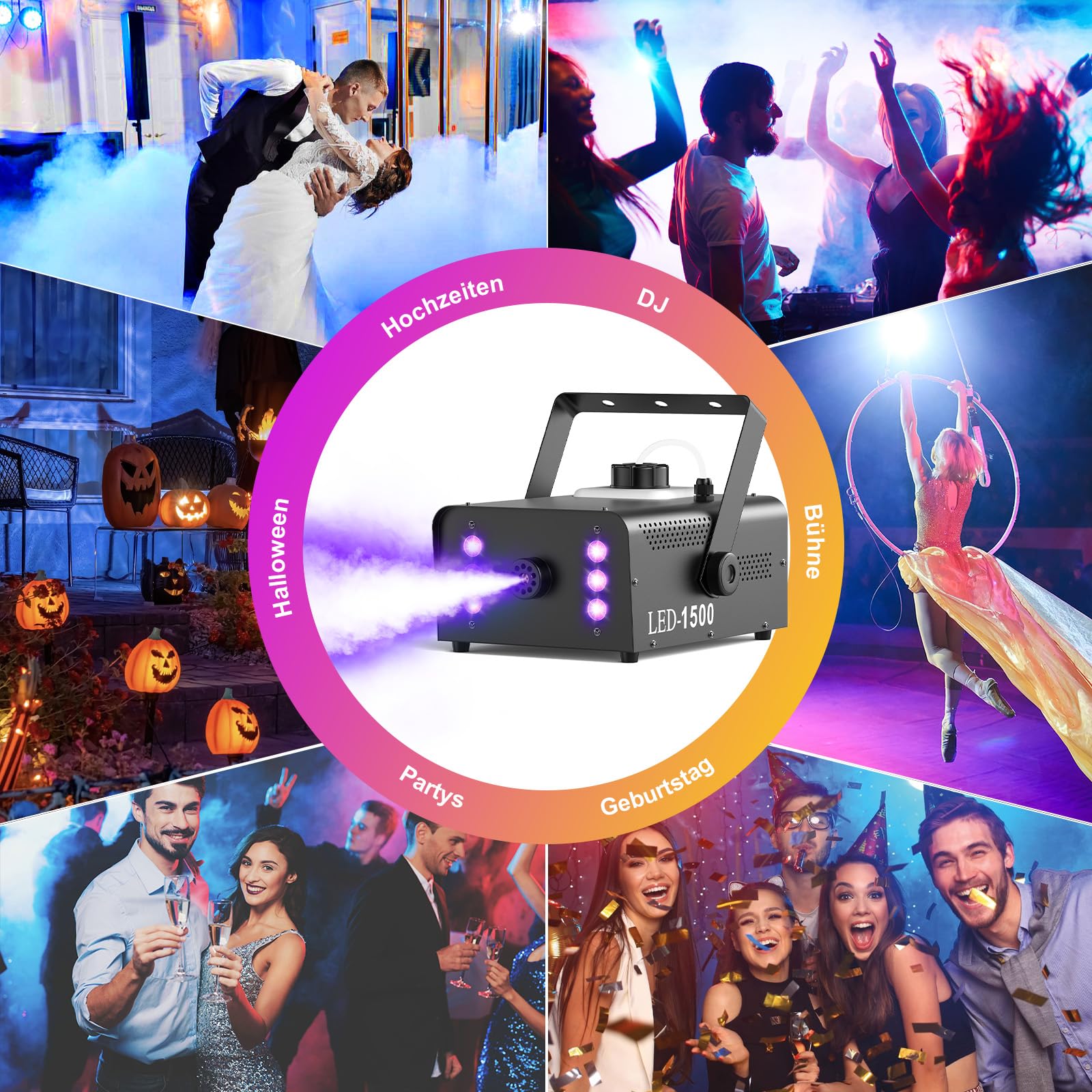 UKing 1500W Nebelmaschine 6 RGB LED,Partylicht Rauchmaschine mit Fernbedienung und 1L Tank,Hohes Nebelvolumen für Hochzeit, Party, Theater, Halloween, Weihnachten