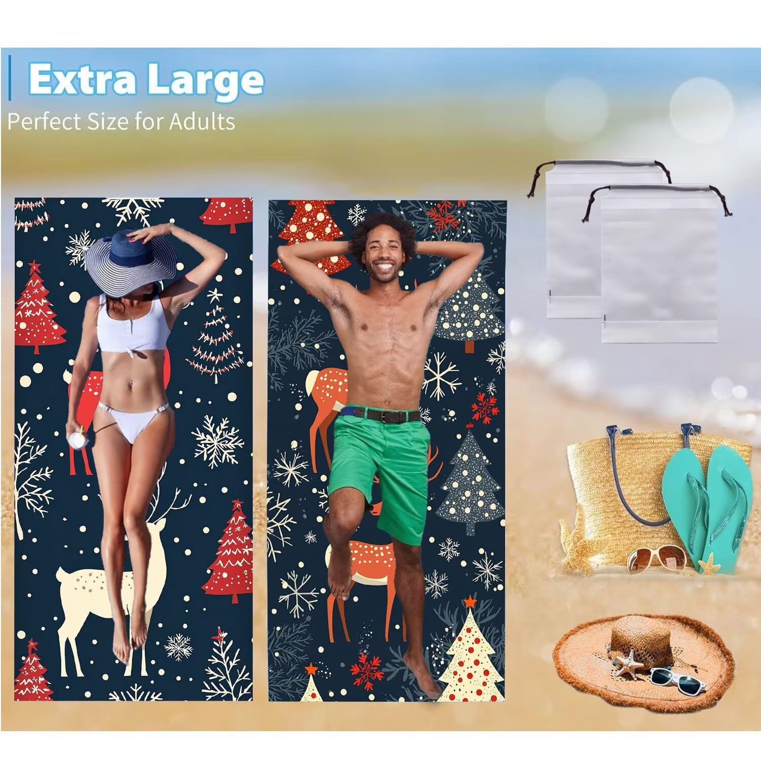 Ręcznik plażowy 90 x 200 cm, zestaw 2 dużych ręczników z mikrofibry szybkoschnący, chłonny, kompaktowy, ręcznik kąpielowy bez piasku lato koc plażowy damski na prezent (kreskówka jeleń) H603