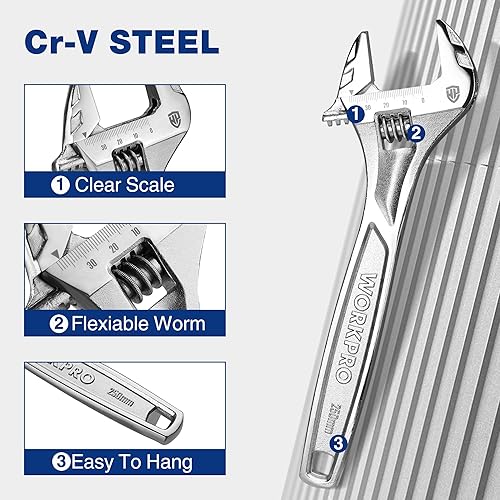 Miniatura 5 de WORKPRO Llave ajustable, llave de alta resistencia de 10 pulgadas con escala métricaen pulgadas, acero Cr-V premium, cromado