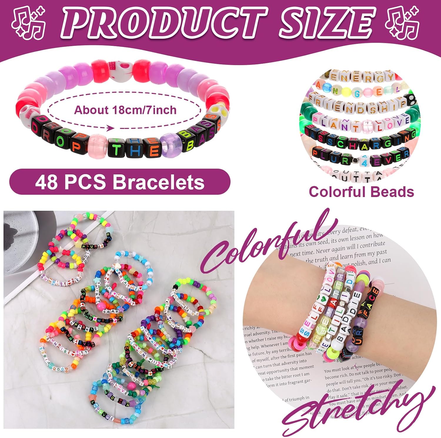 Music Bracelets Set Glow in The Dark Candy Stretch Scene Bracelets Stack Multi Color Beaded Music Cuffs Jewelry Festival Trinkets for Women Men Edm Party Music