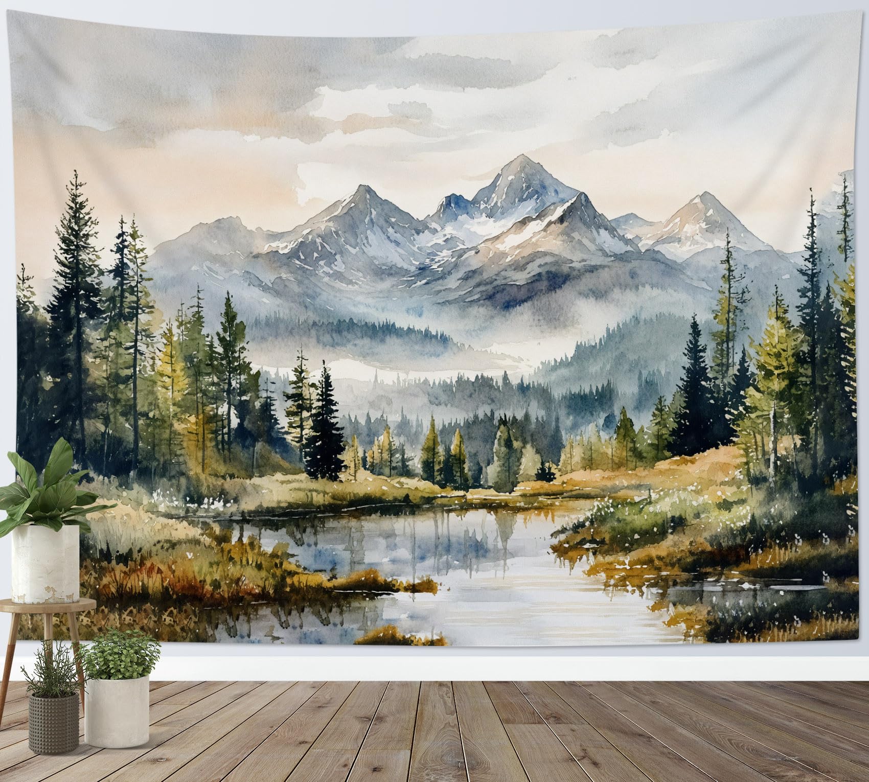 LB Nature Landscape Tapestry Wall Hanging Green Trees Forest Grey Mountain Wall Decor for Living Room Bedroom Home Office,59x39 inch โ image 1