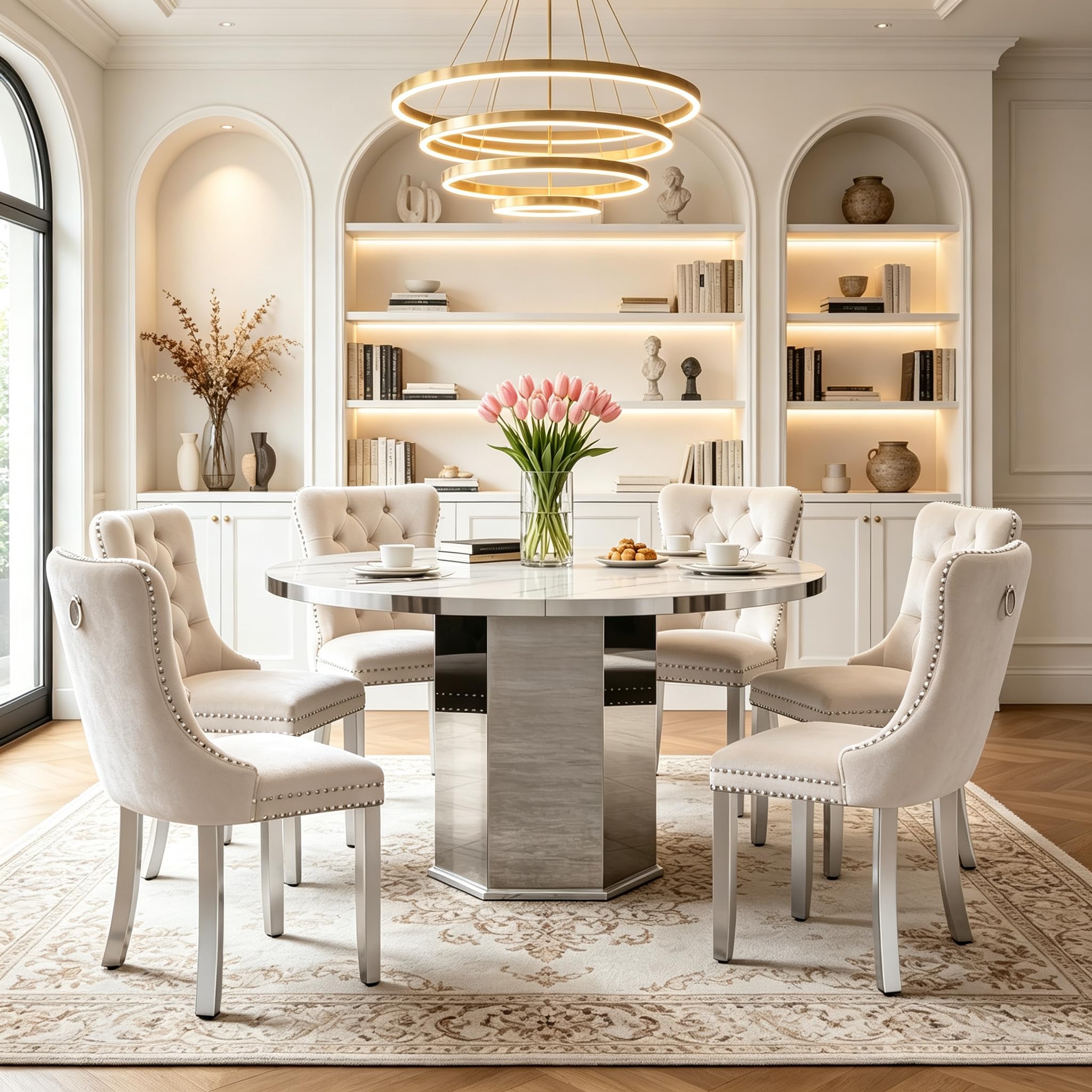 7 Pieces White Faux Marble Extendable Dining Table Set, 47"-63" Round Expanding Kitchen and Dining Room Table Set for 6 with Mirrored Acrylic Base &amp; Beige Velvet Upholstered Chairs