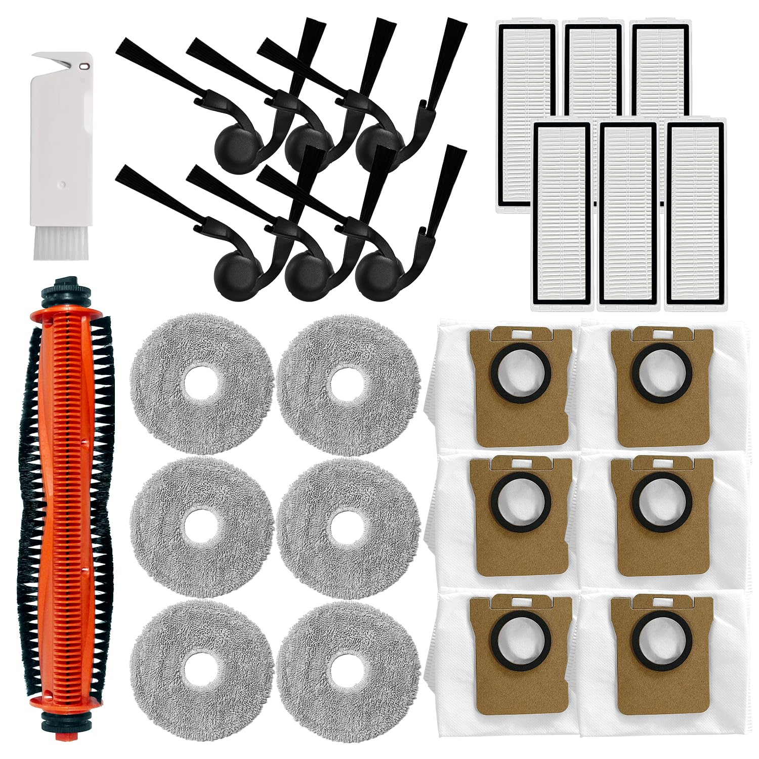 Zestaw akcesoriów zamiennych kompatybilny z Xiaomi Robot Vacuum 5, 5 Pro, części zamienne, Inculde 1 szczotka do strzyżenia włosów, 6 szczotek bocznych, 6 filtrów HEPA, 6 podkładek do mopa, 6 worków