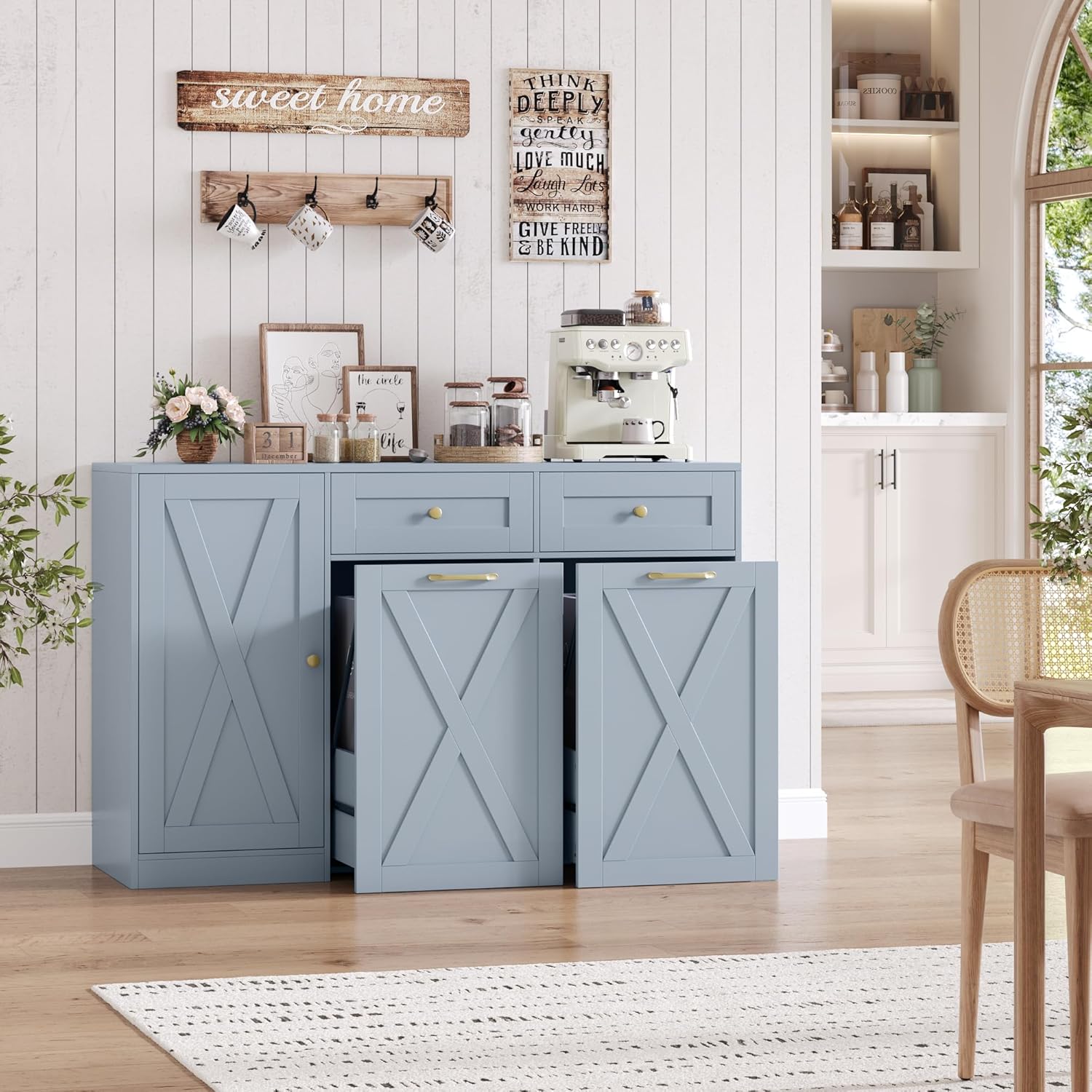 HOSTACK 12.5 Gallon Kitchen Trash Cabinet, 47" Double Trash Can Cabinet, Large Pull Out Can Storage Drawers, Wood Farmhouse Hidden Garbage Storage Buffet for Kitchen, Dining Room, Blue
