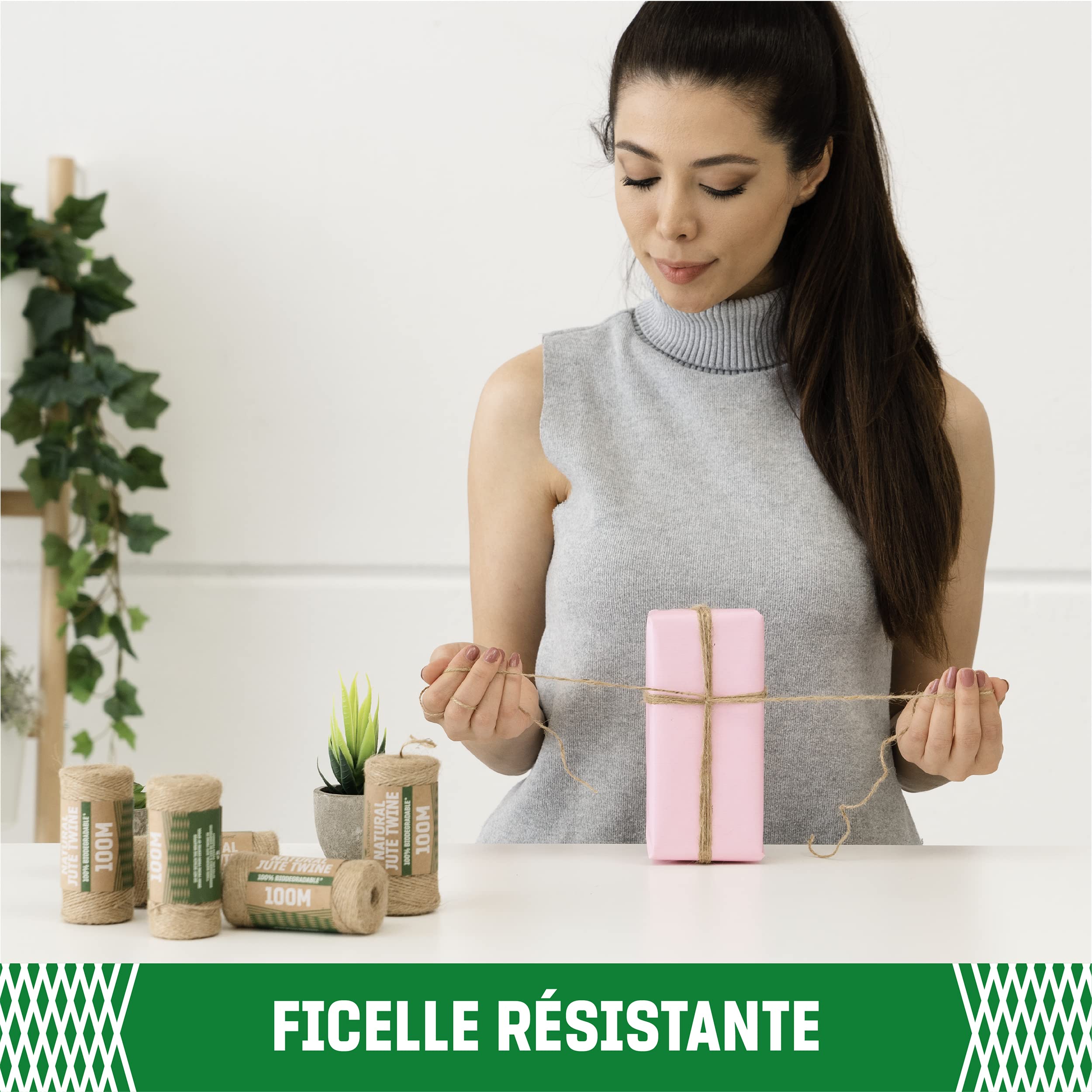 GardenGloss® Ficelle en Jute Naturelle – Ficelle à Deux Brins pour Le Jardin, Les Loisirs Créatifs, Le DIY et l'Emballage Cadeau (100 m de Long, 1 mm d'Épaisseur)