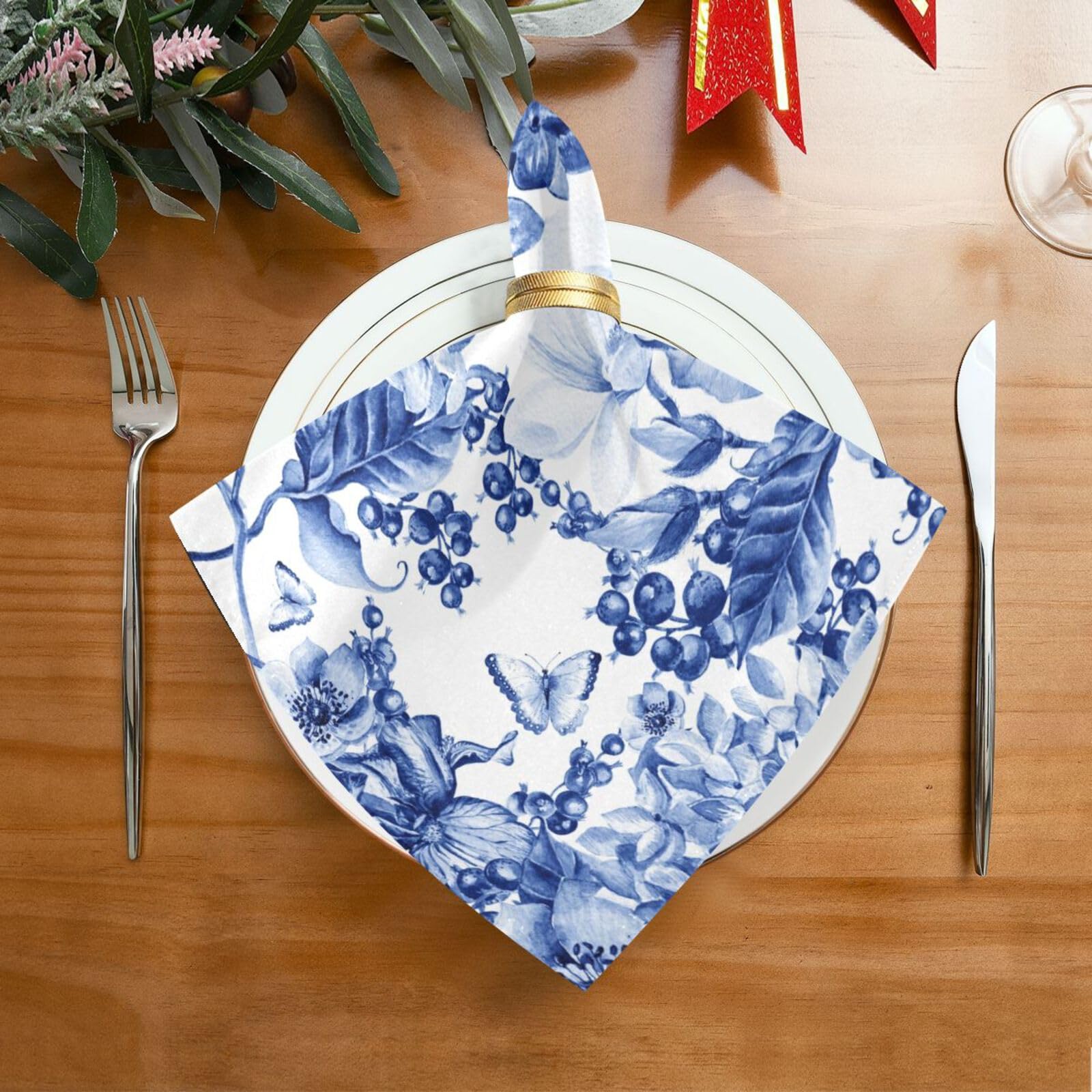 QwThum Cloth Napkins - 6 Pcs Soft, Washable, Silky Satin Napkins for Dinner Parties, Weddings, Holidays - Reusable Blue and White (20x20 in)