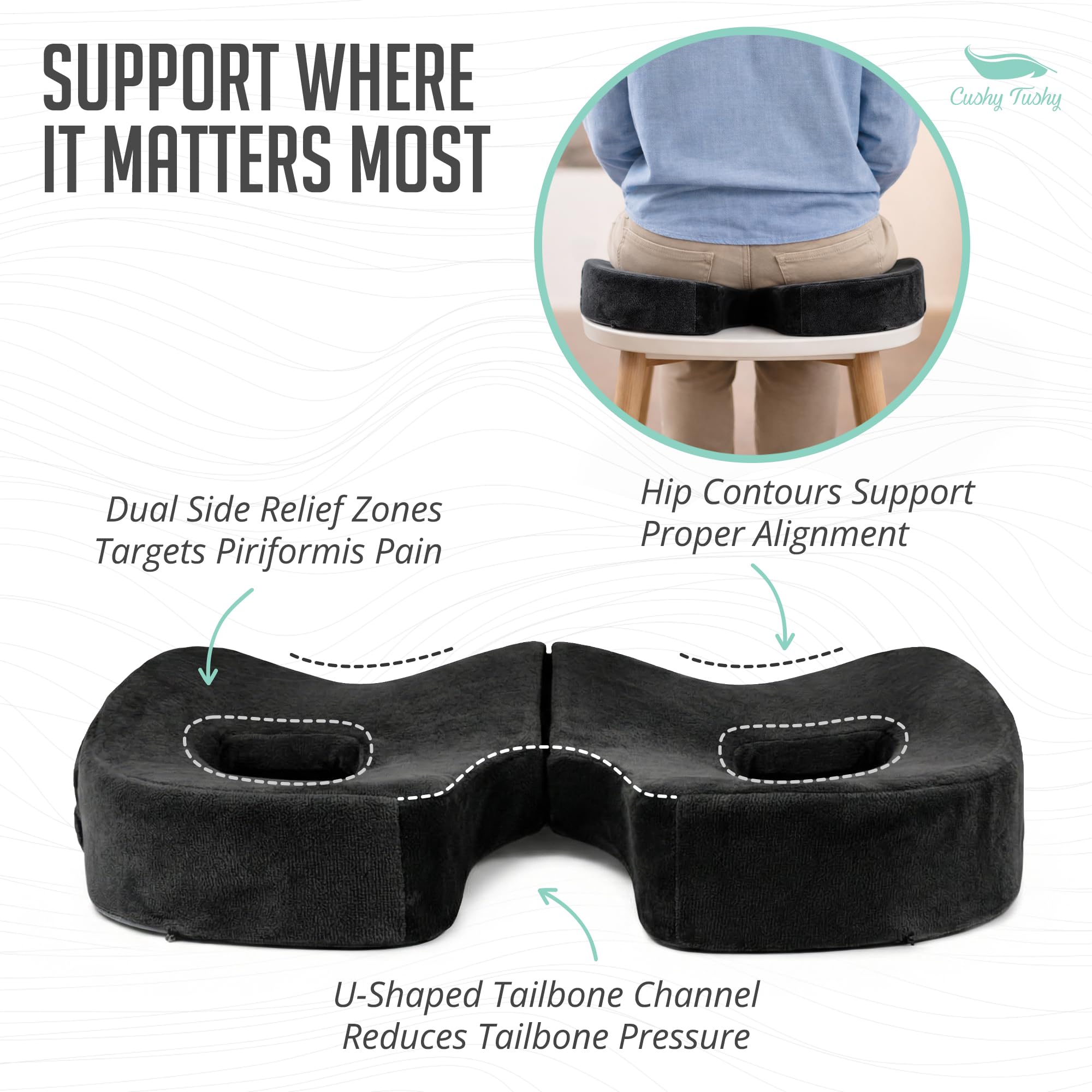 Cushy Tushy Cuscino pieghevole di alta qualità Piriformis – Cuscino per sollievo dal dolore piriforme e dal dolore sciatico – per uso domestico e ufficio, perfetto per viaggi o guida