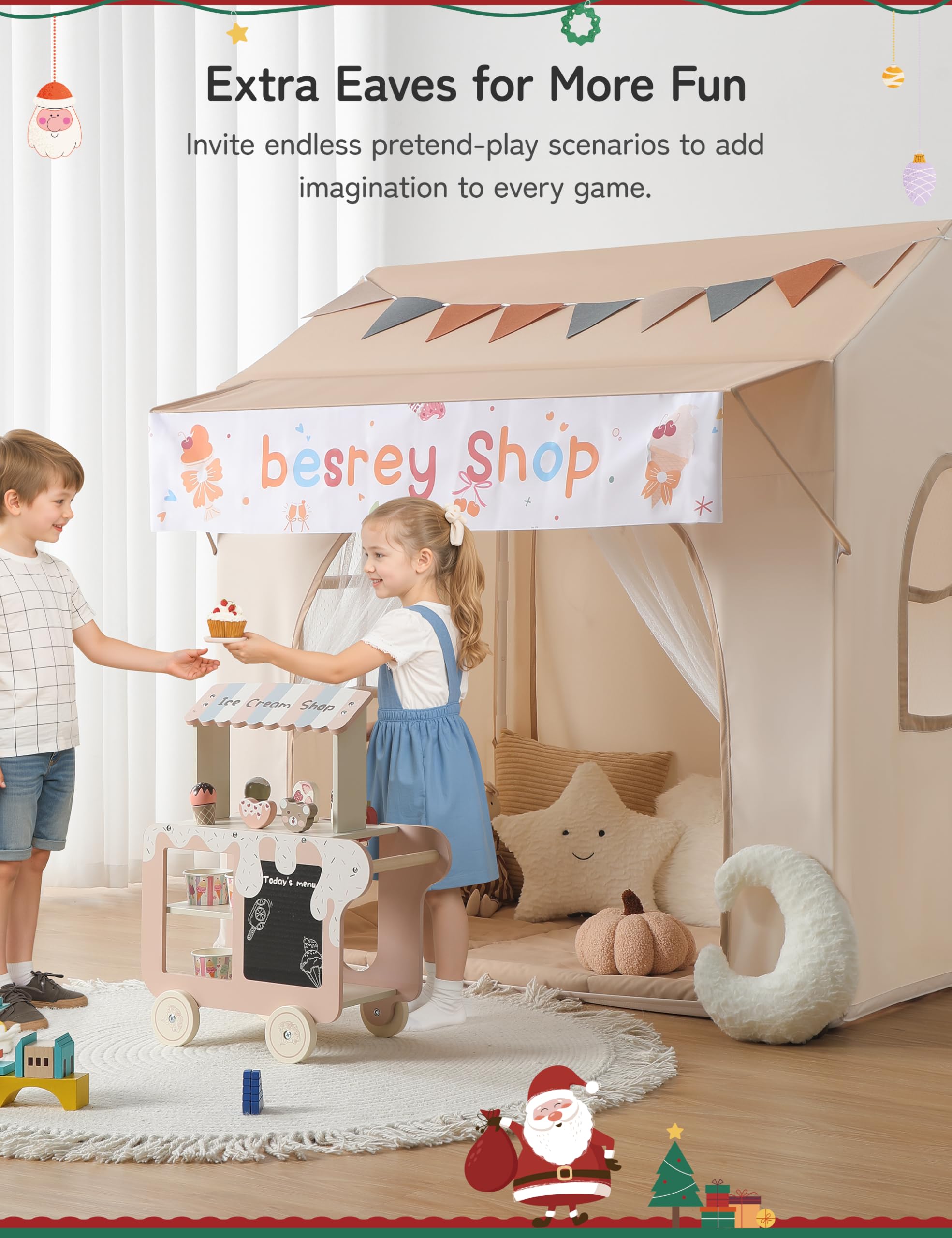 Besrey Tenda per Bambini 2-in-1, Tenda da Gioco con Tettoia per Interni ed Esterni, con Luci, Bandierine e Tappetino, Design Ampio per Lettura e Giochi Creativi - Regalo di Natale Ideale per Bambini