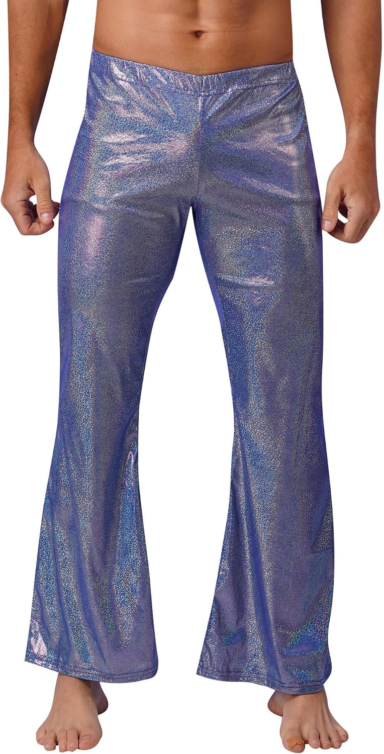 Alvivi Men's Shiny Metallic 60s 70s Disco Long Pants Vintage Bell Bottom Flared Trousers Club Party