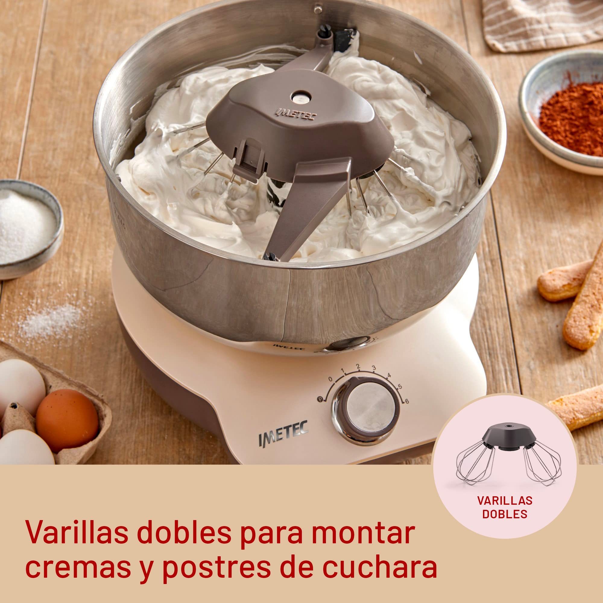 Imetec CakeLover, Batidora planetaria para dulces, Cremas y masas saladas, equipada, Compacta, 1500 W, Recipiente de acero inoxidable, 5 Litros, 6 Velocidades, Recetario, Color Negro/Beige