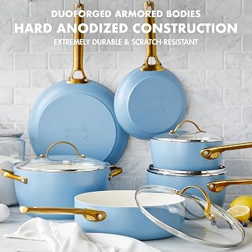 GreenPan Hard Anodized Healthy Ceramic Nonstick 10 Piece Cookware Pots and Pans Set, Gold-Tone Stainless Steel Handles, PFAS & PFOA-Free, Dishwasher Safe, Oven & Broiler Safe, Sky Blue