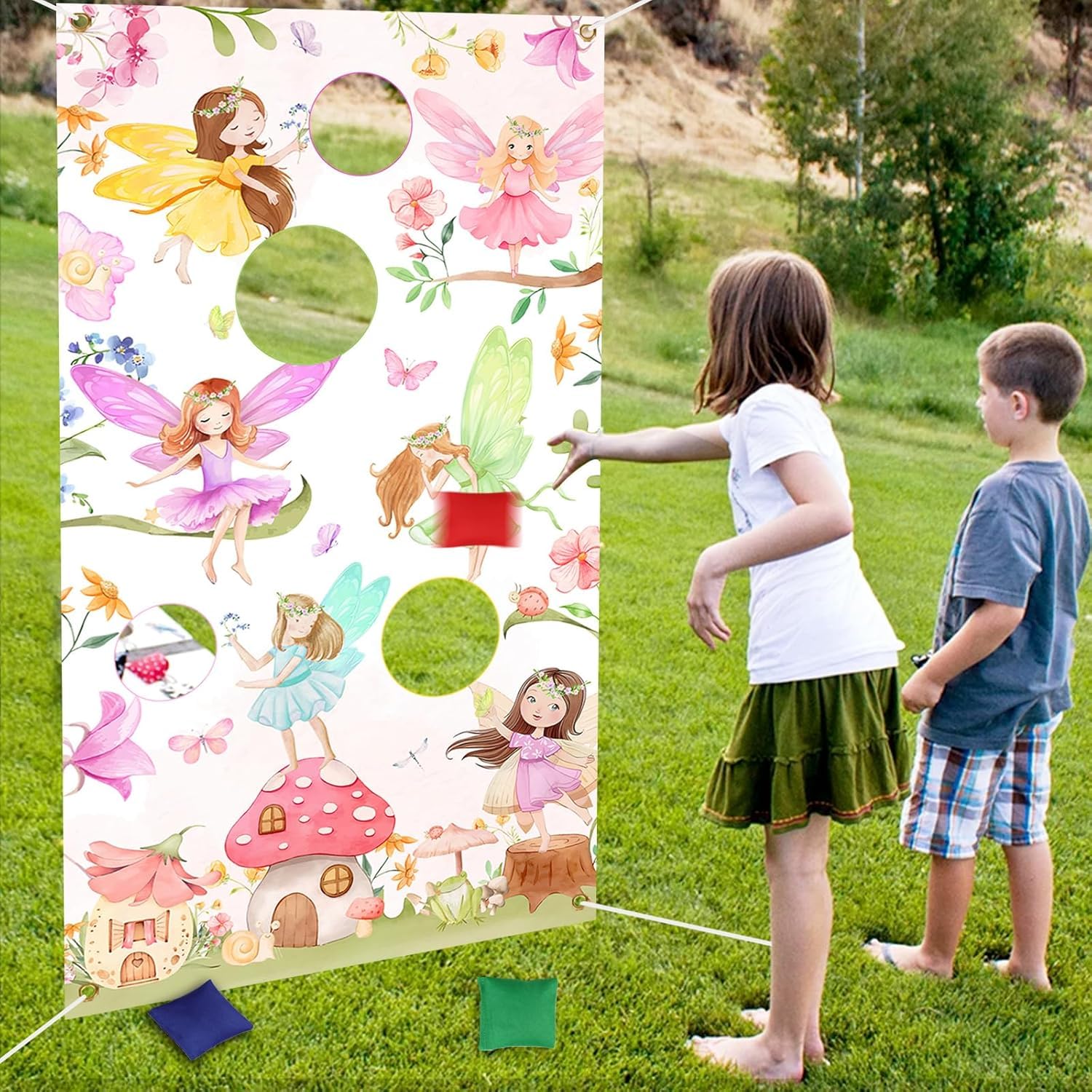 Serencatcher Fairy Toss Games, Fairy Birthday Party Decoration Toss Games Banner with Bean Bags for Kids Fairy Theme Birthday Indoor Outdoor Party