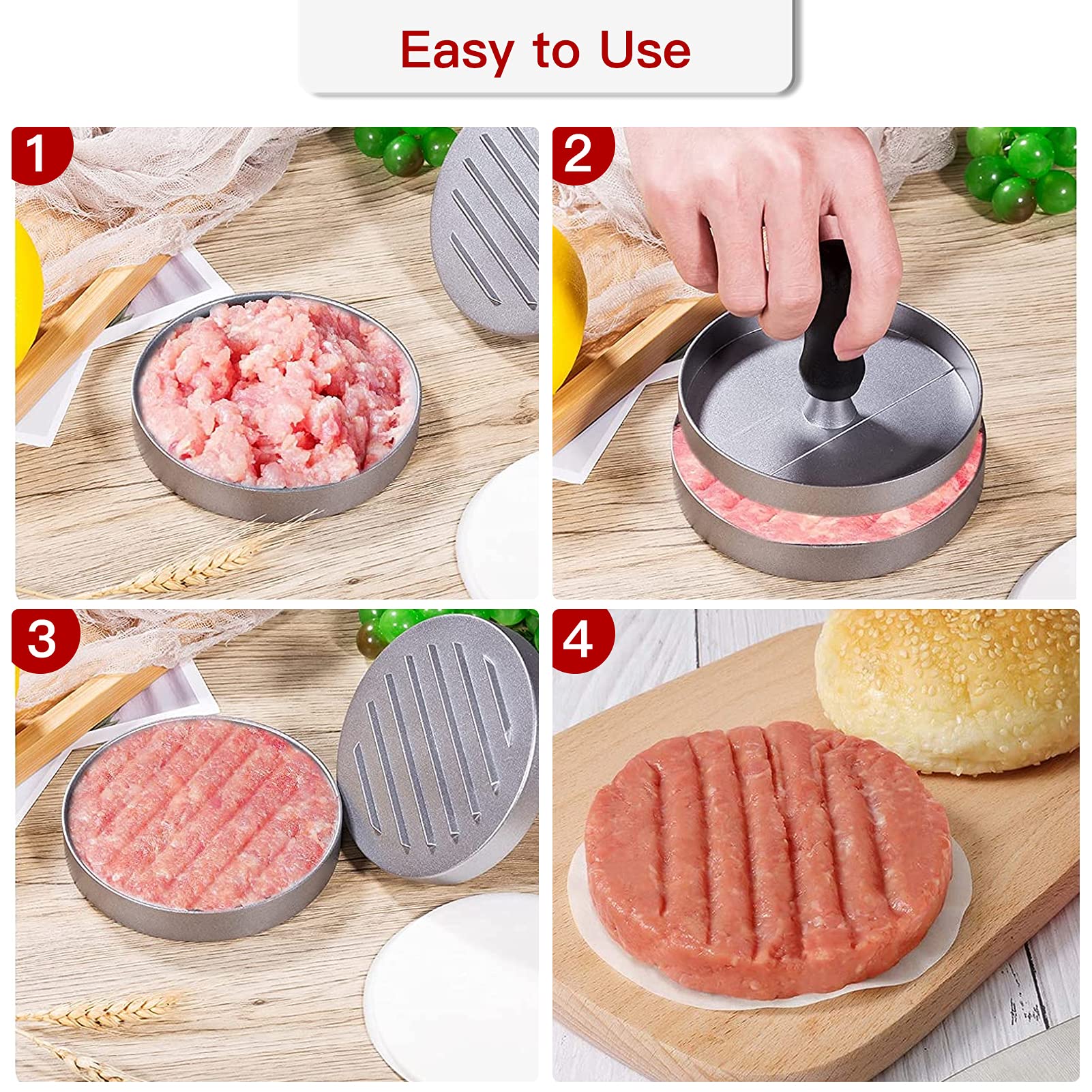 Pressa Hamburger in Alluminio - Stampo per Hamburger Antiaderente con Set di 100 Carta per Hamburger - Ideale per Hamburger di Carne e Vegetariani - Accessorio per Barbecue