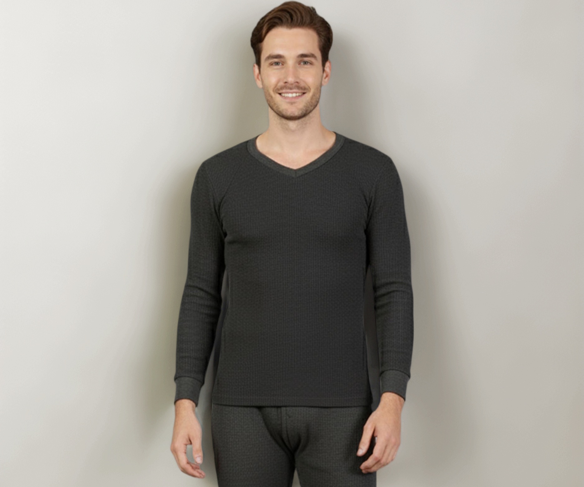 Lux Cozi Heatek Black Melange V Neck Full Sleeves Thermal Top for