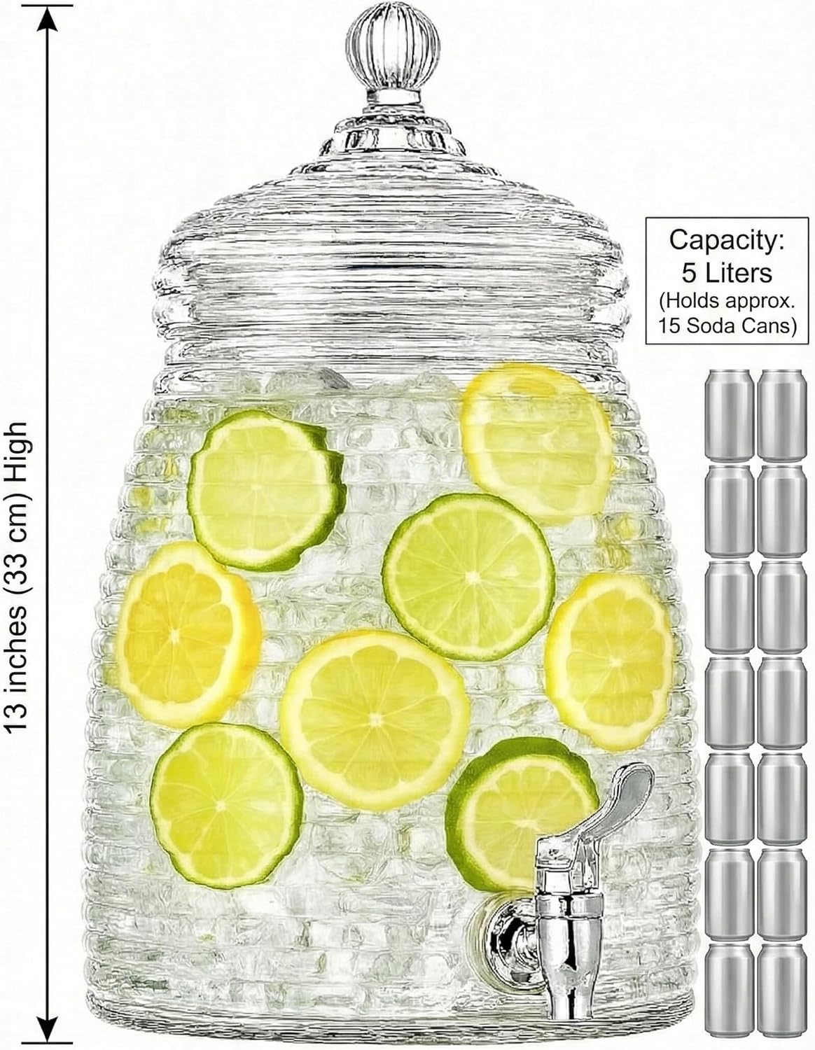 1.3 Gallon Glass Beehive Beverage Dispenser with Spigot- Drink Dispenser for Parties, Weddings and Showers- Mason Jar Style Glass Drink Container with Lid for Tea, Lemonade, and Infused Water