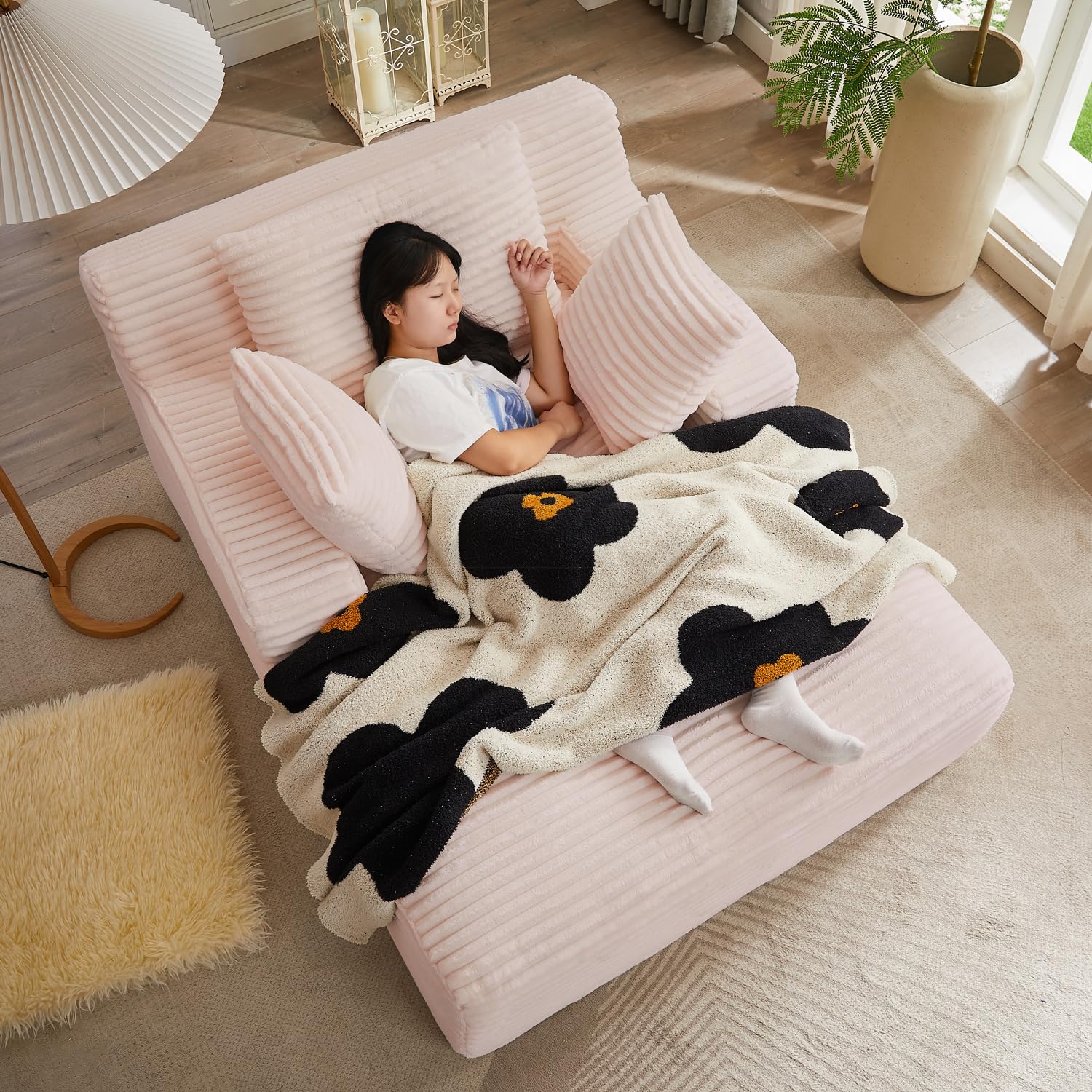 50 Inch Chaise Lounge Chair Indoor, Oversized Corduroy Upholstered Boneless Sofa Bed, Deep Seat Sleeper Couch Reading Chairs, Cloud Sofas Couches for Living Room, No Assembly Required (Pink)