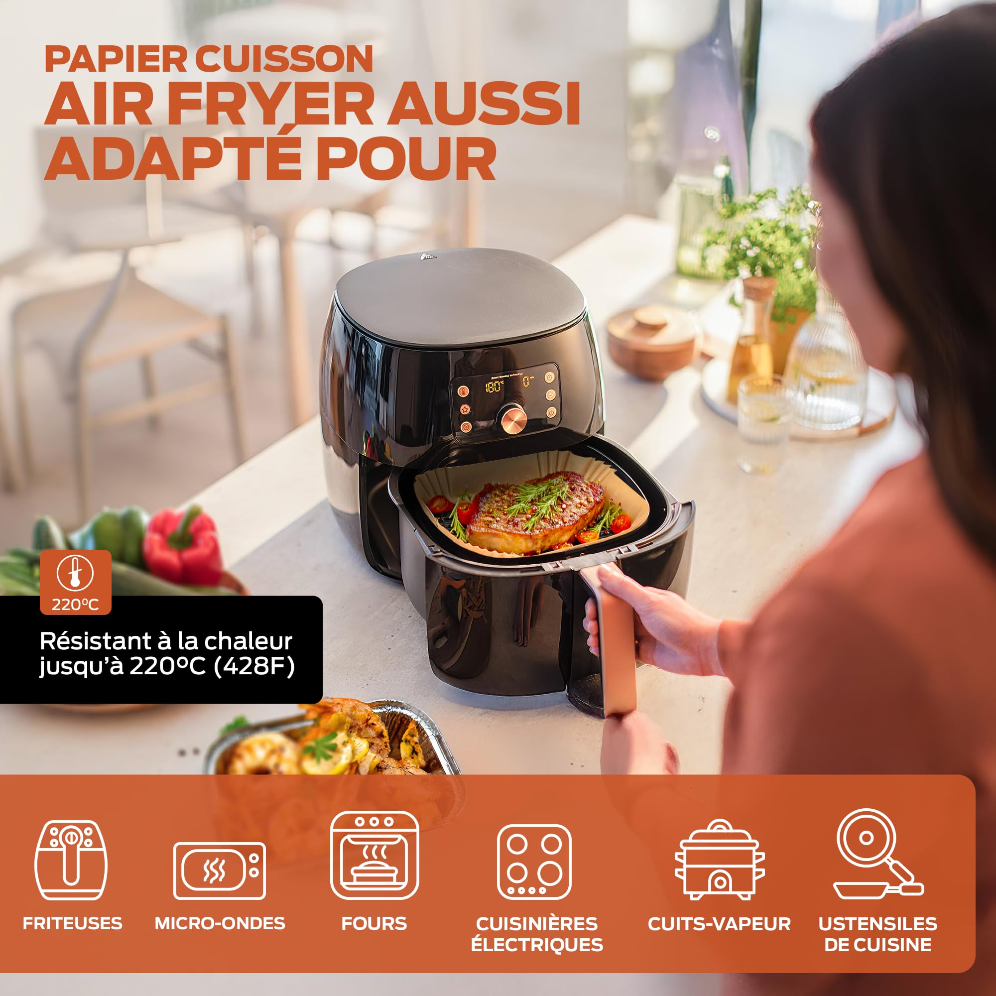 PORTENTUM Papier cuisson air fryer - 100 pièces Food-Grade sans BPA, 20×24 cm, adapté friteuses 5–8 L, solution idéale pour préparation saine