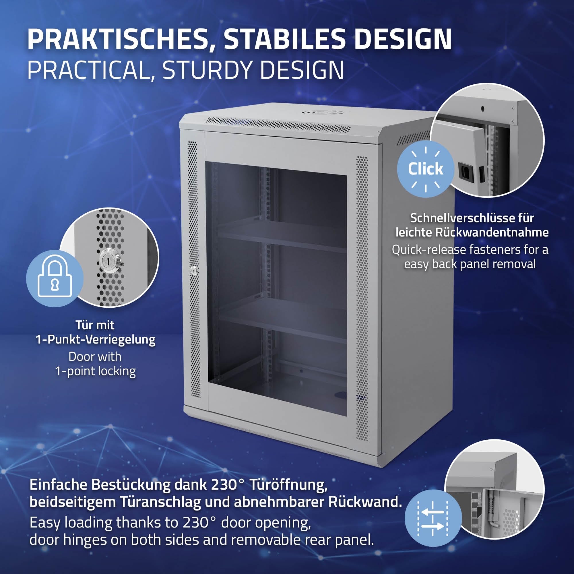 ECD Germany Armario de Red 16 U(Unid de Altura)Mueble para Servidores, Rack 19 Pulgadas Gris Montaje en Pared 600 x 850 x 450 mm Carcasa con Puerta de Cristal y Cerradura de Seguridad, Capacidad 60kg