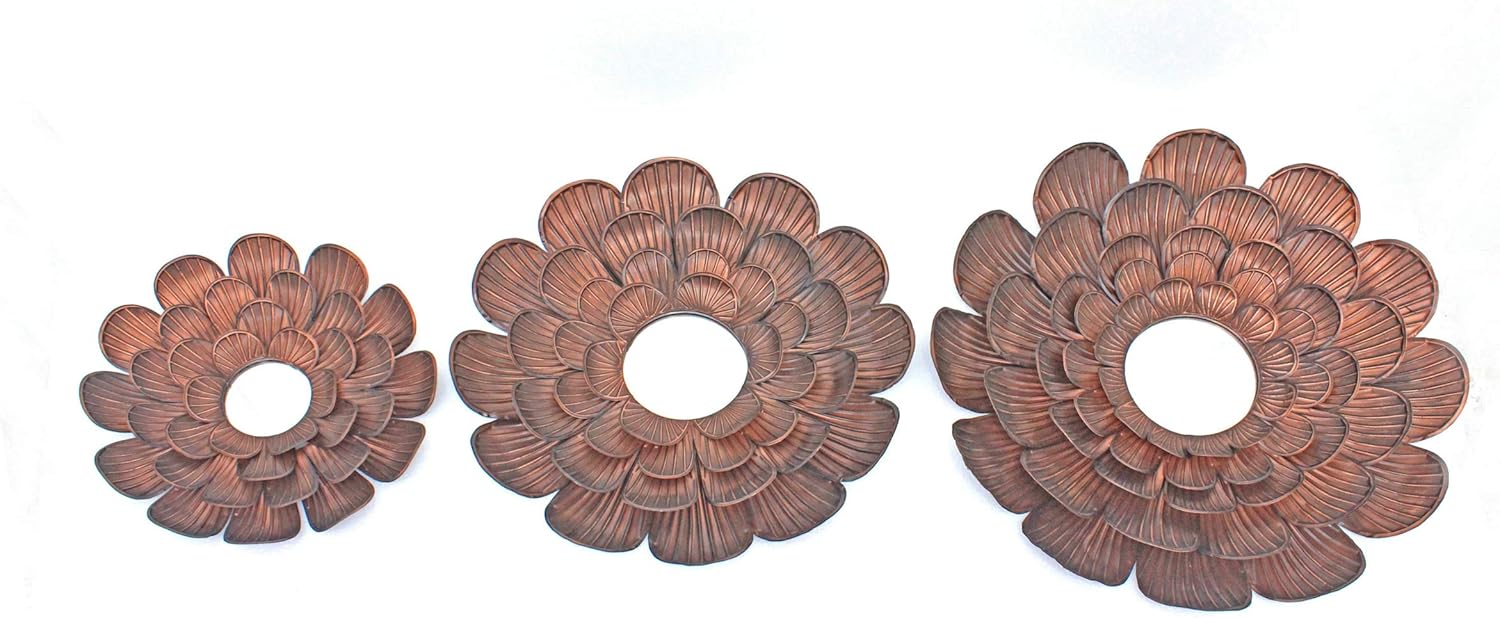 Benjara Blooming Metal Flower Wall Decor Mirror Set of 3, Copper