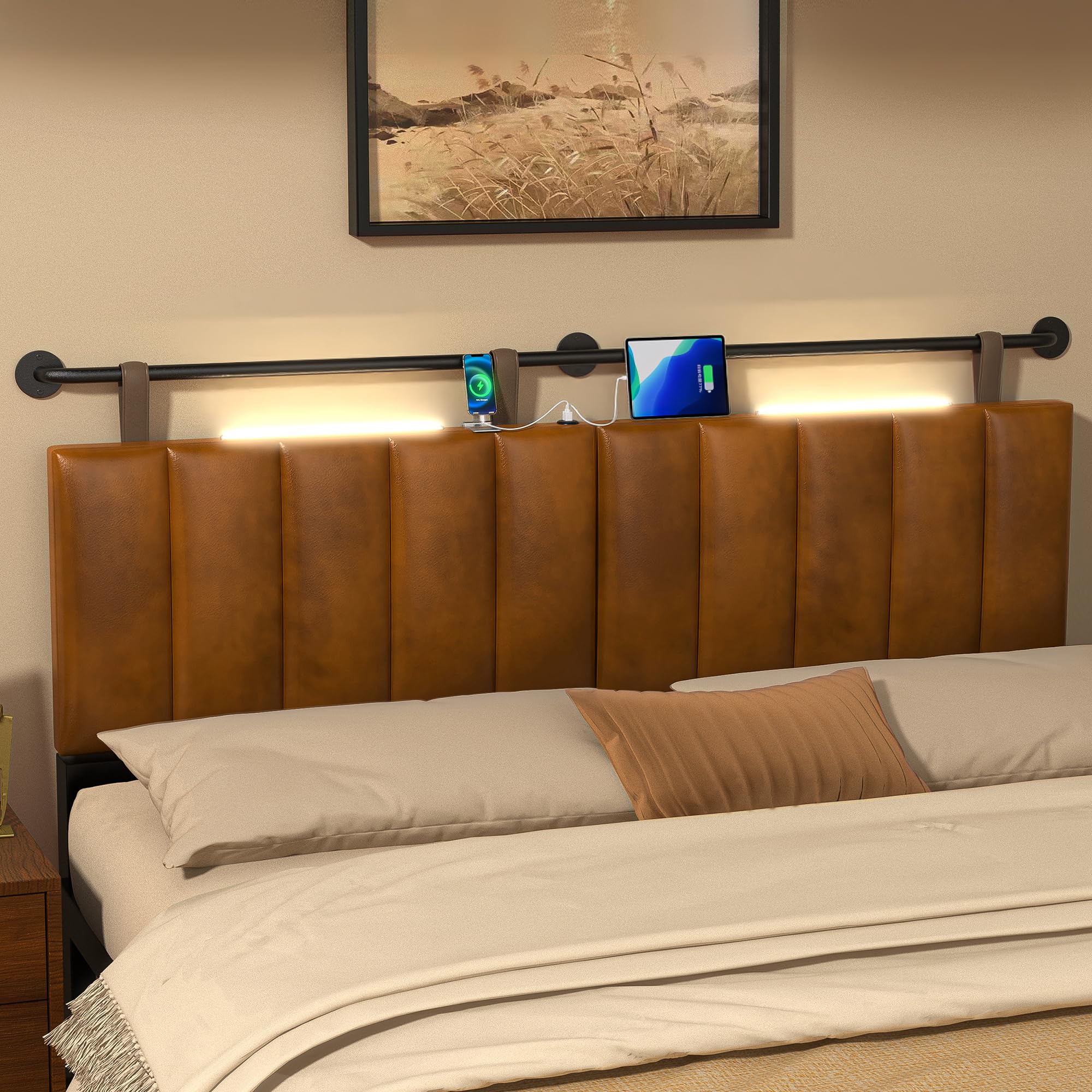 BSHOMGI Headboards, Wall Mounted King Size Headboard with USB & Type-C Ports Bed Headboard with LED Lights, Fabric Straps Hanging Upholstered Headboards for Bedroom or Entryway, Queen, INCOMPLETE ONLY BOARDS
