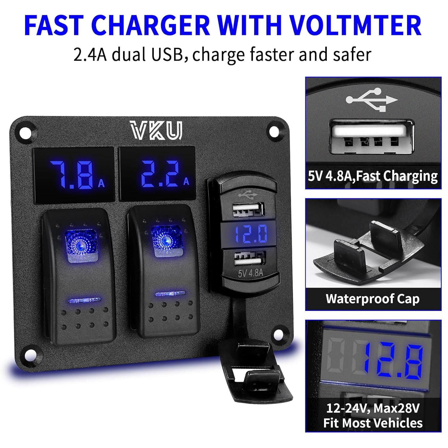 2 Gang Rocker Switch Panel with Ammeter and Voltmeter 4.8A Dual USB Charger Socket 12V 24V DC Aluminum Switches Panel 5Pin ON Off Switch for RV Cars Marine Boats ATVs Trailers
