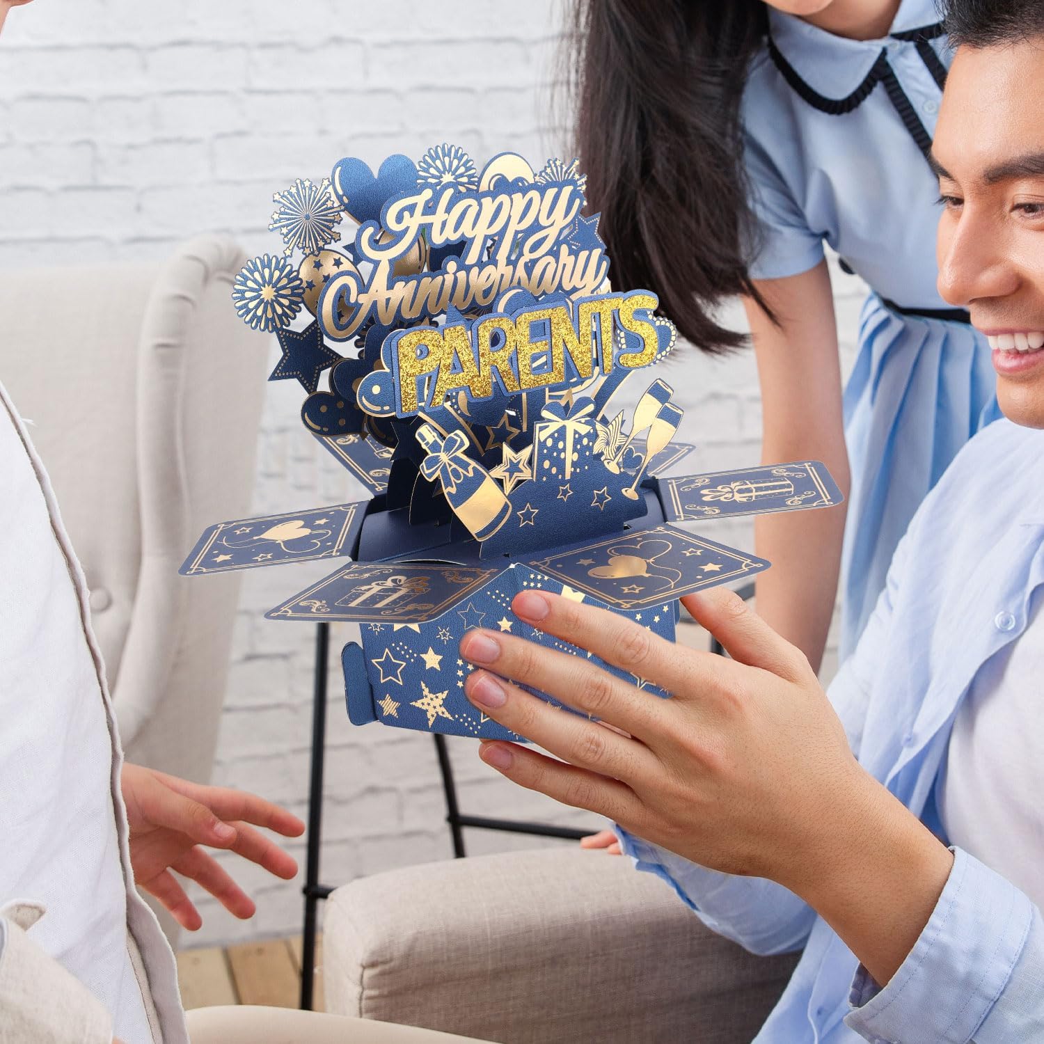 Happy Anniversary Pop Up Card for Parents, Funny 3D Wedding Anniversary Card for Mum and Dad with Envelope Blue Gold Foldable Gift Decoration Box for Women Men Wife Husband Couples Parents