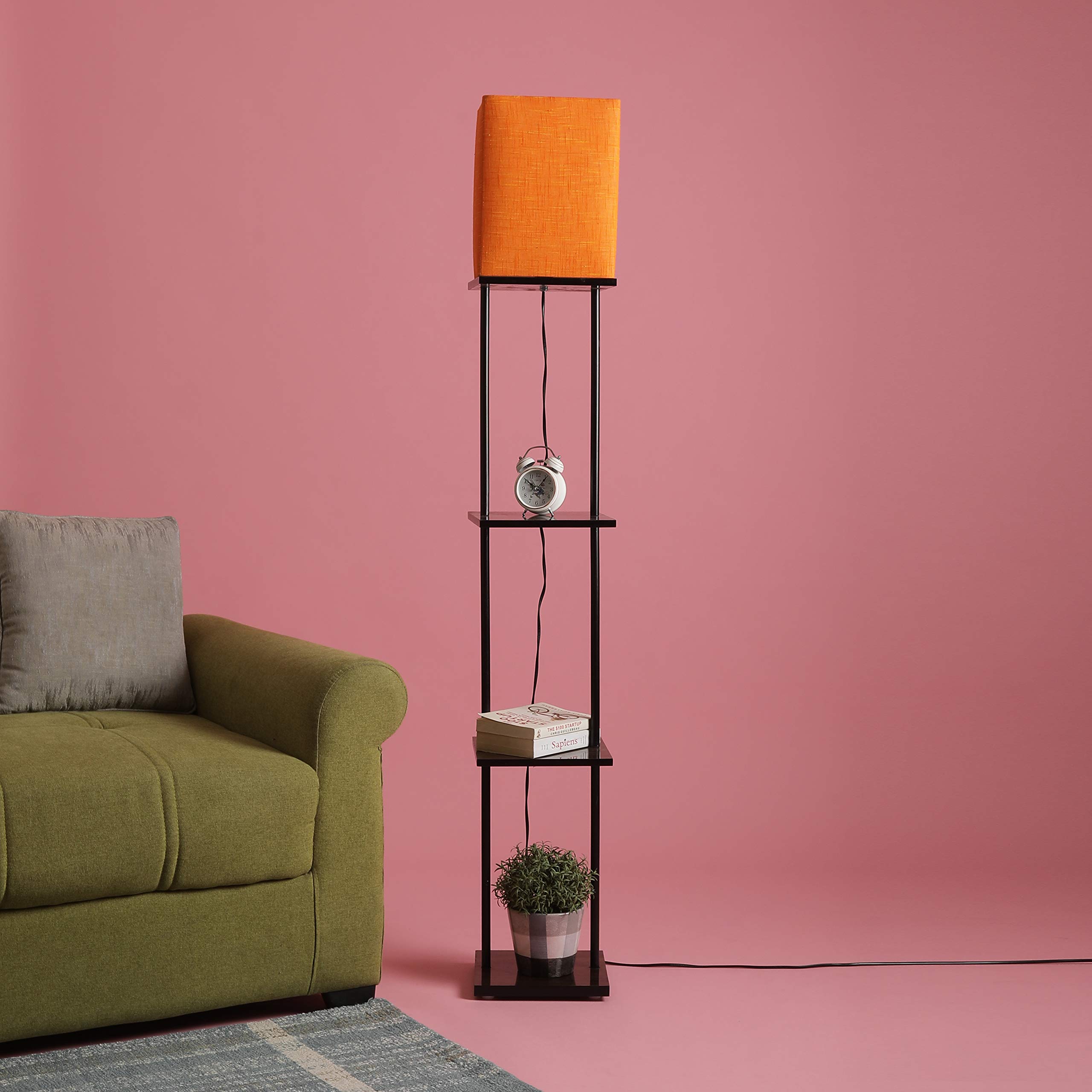 Sanded Edge Floor Lamp Buddy Metal & Wood Lamp with 3 Tier Decorative Shelf of 8x8 inch in Walnut Color Laminate Shelf and Black Color Metal Legs with Orange Color Shade Home D�cor Gifts Pack of 1