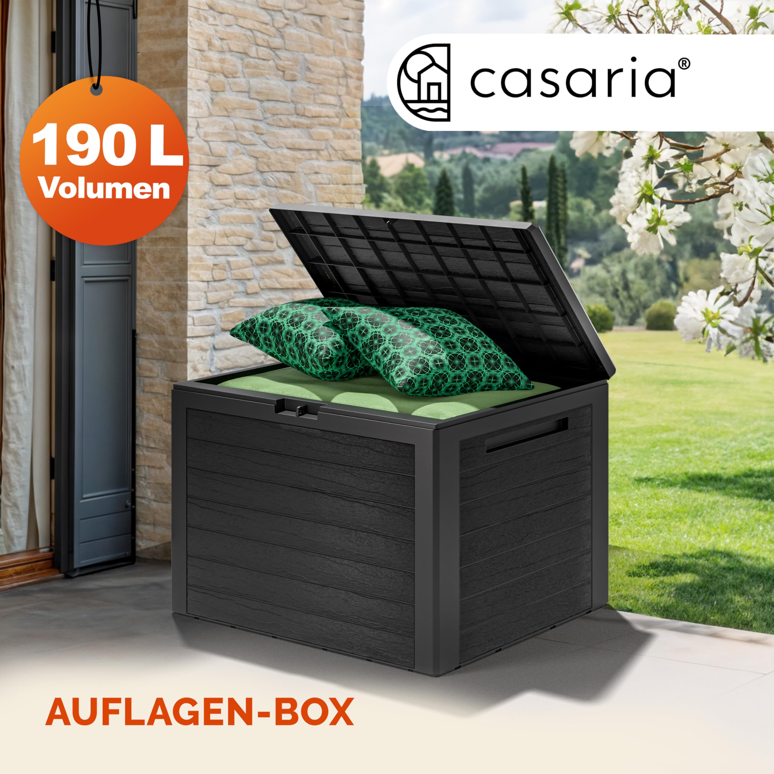 Casaria® Gartenbox 190L UV-beständig Griffmulden Verschlussvorrichtung Balkon Terrasse Wohnzimmer Wintergarten Kissenbox 78x44cm Holz-Optik Anthrazit
